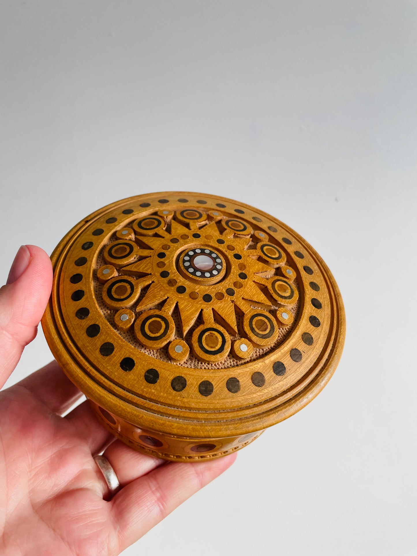 Eastern European Intricately Carved Wood Trinket Box with Lid