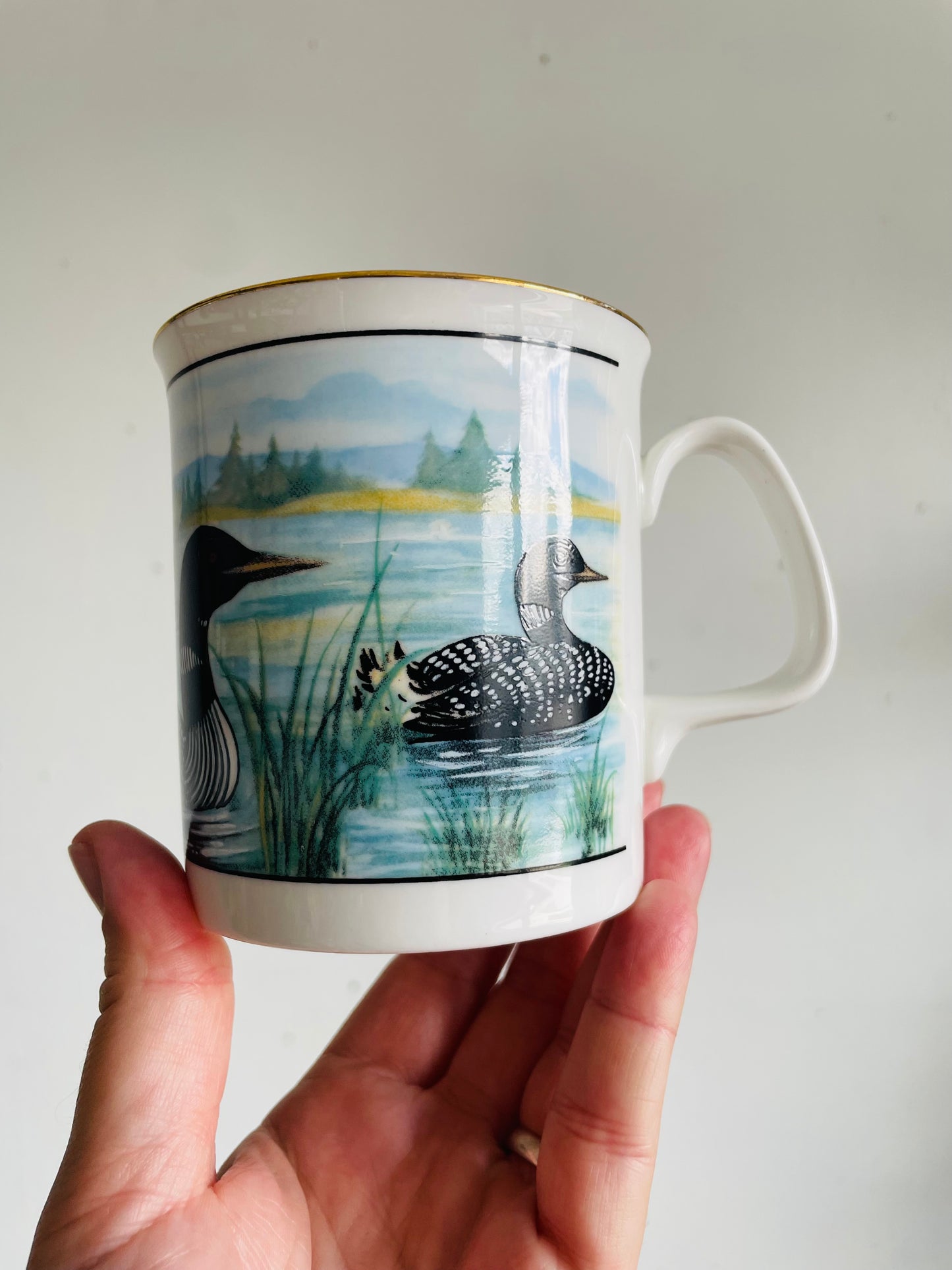 Vintage Mug With Loon Birds on Lake Graphic #2 - Sunrise Fine Bone China - Made in Canada