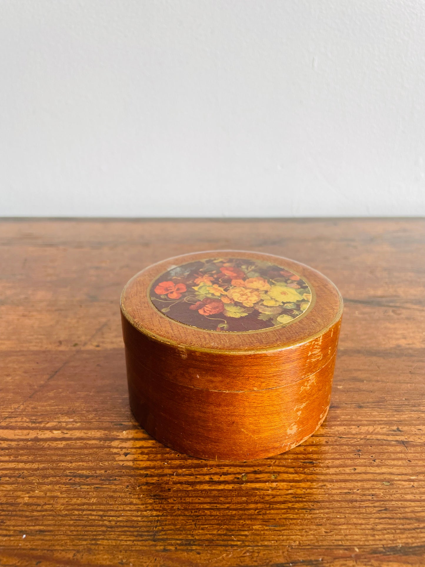 Round Wood & Tin Trinket Box with Floral Lid