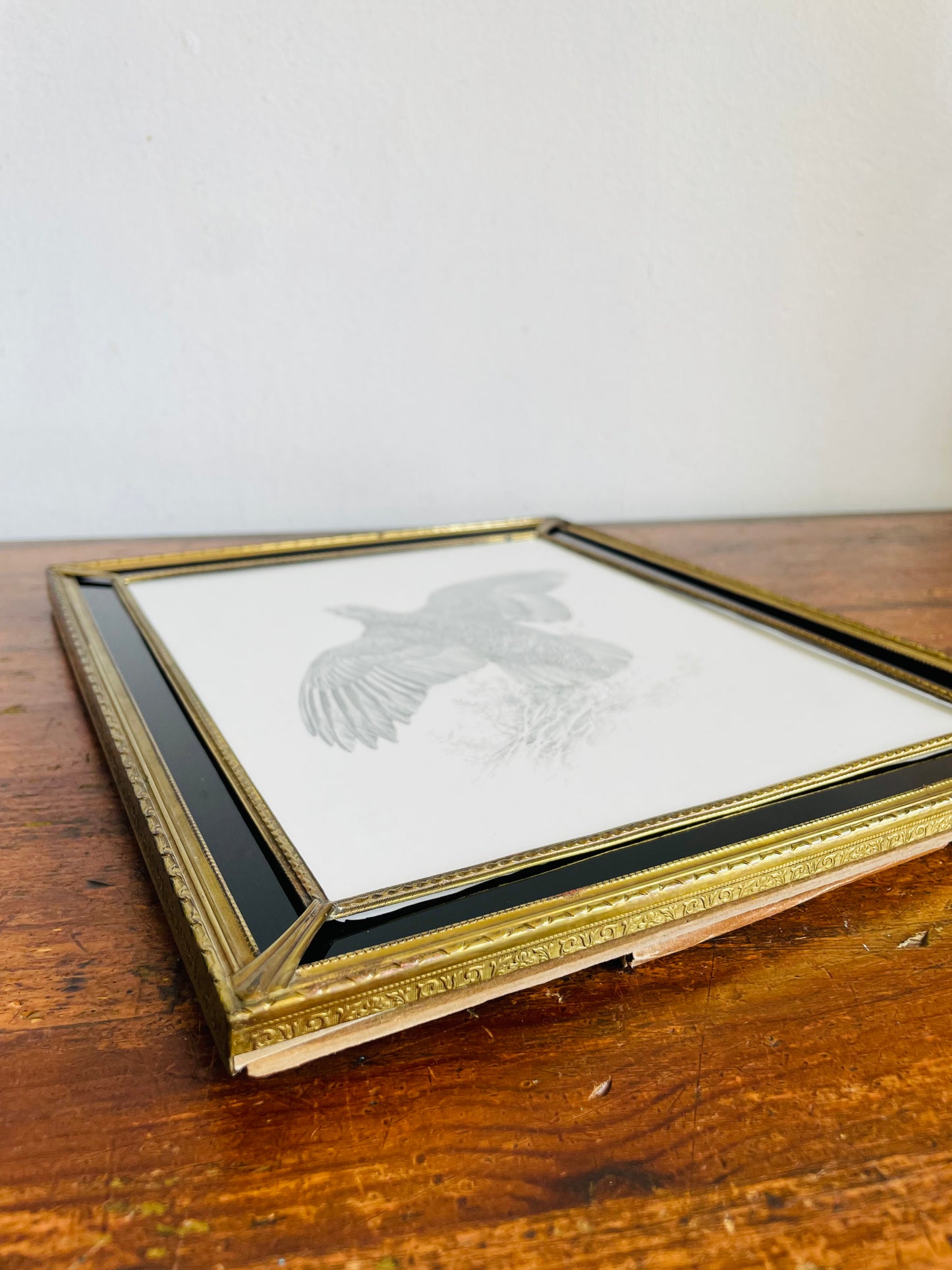 Vintage Stunning Brass & Glass Picture Frame with Black Mat & Easel or Hook Backing - Black & White Grouse Bird in Flight Print Currently Inside / Easily Swap for Your Own Picture!