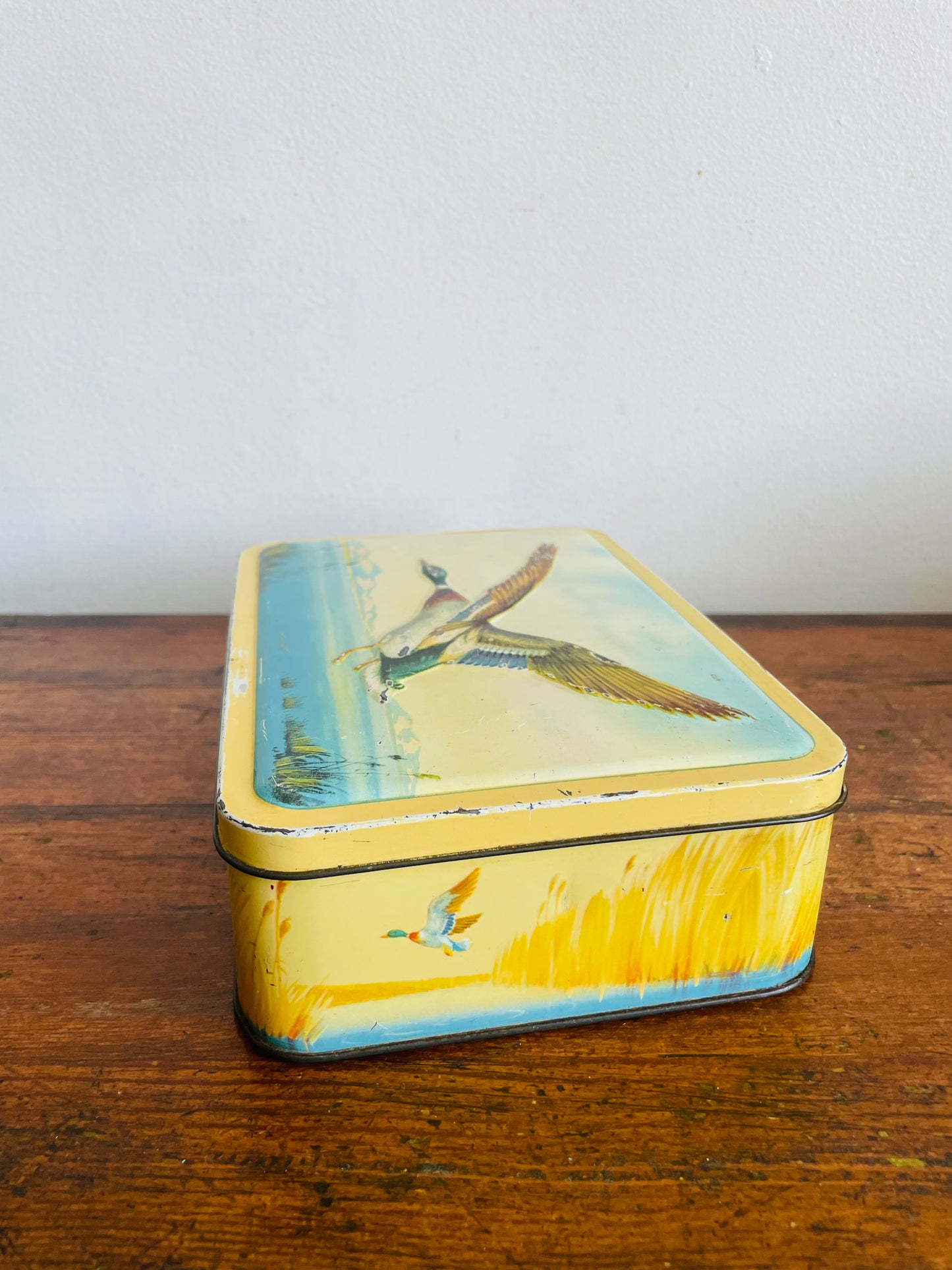 Vintage Tin Container with Flying Duck Bird Over Lake & Mountains Design - MacFarlane Lang & Co's Biscuits
