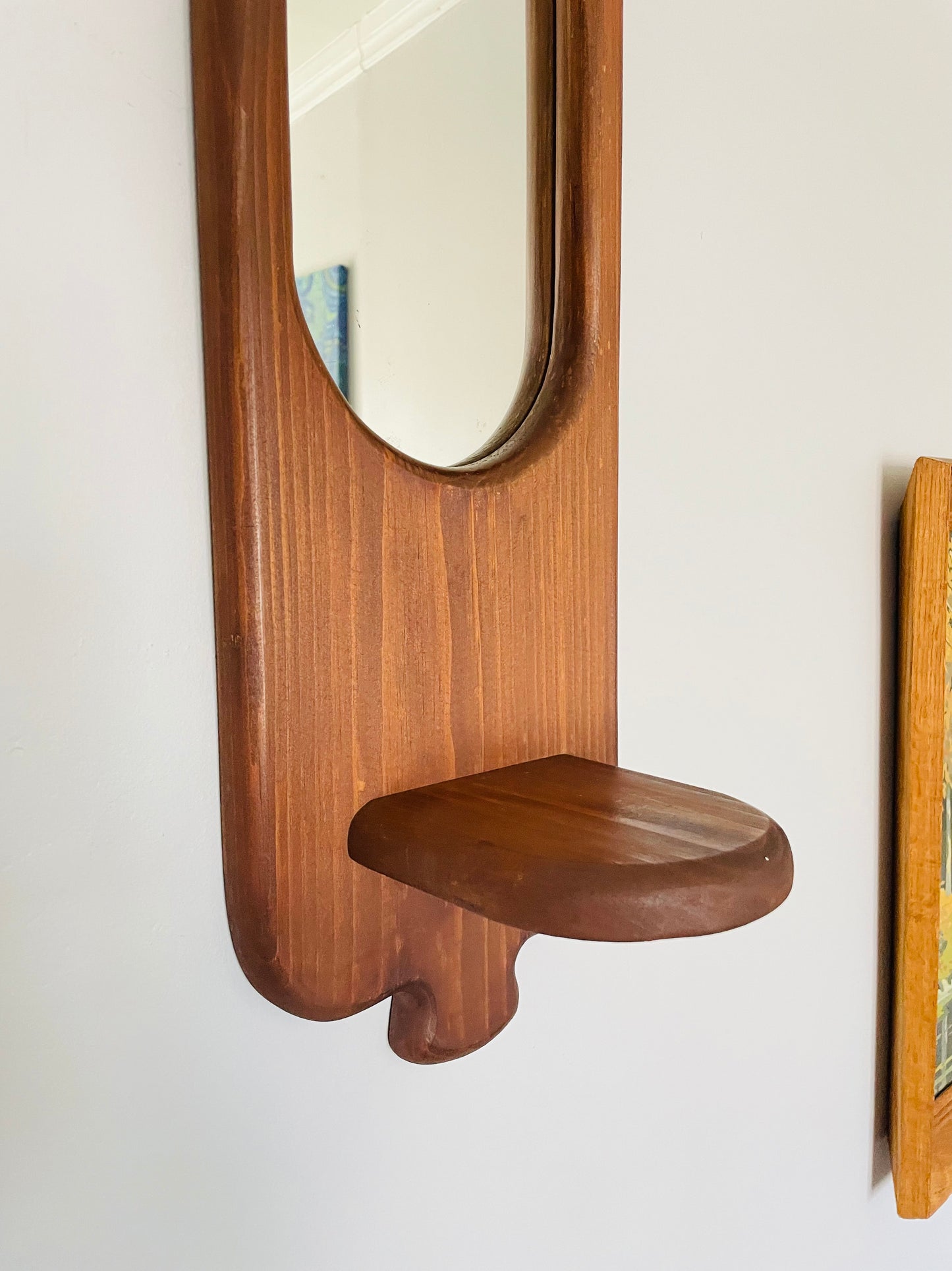 Vintage Organic Wavy Shaped Wood Mirror with Shelf Ledge #1 - 2 Feet Long - No Shipping