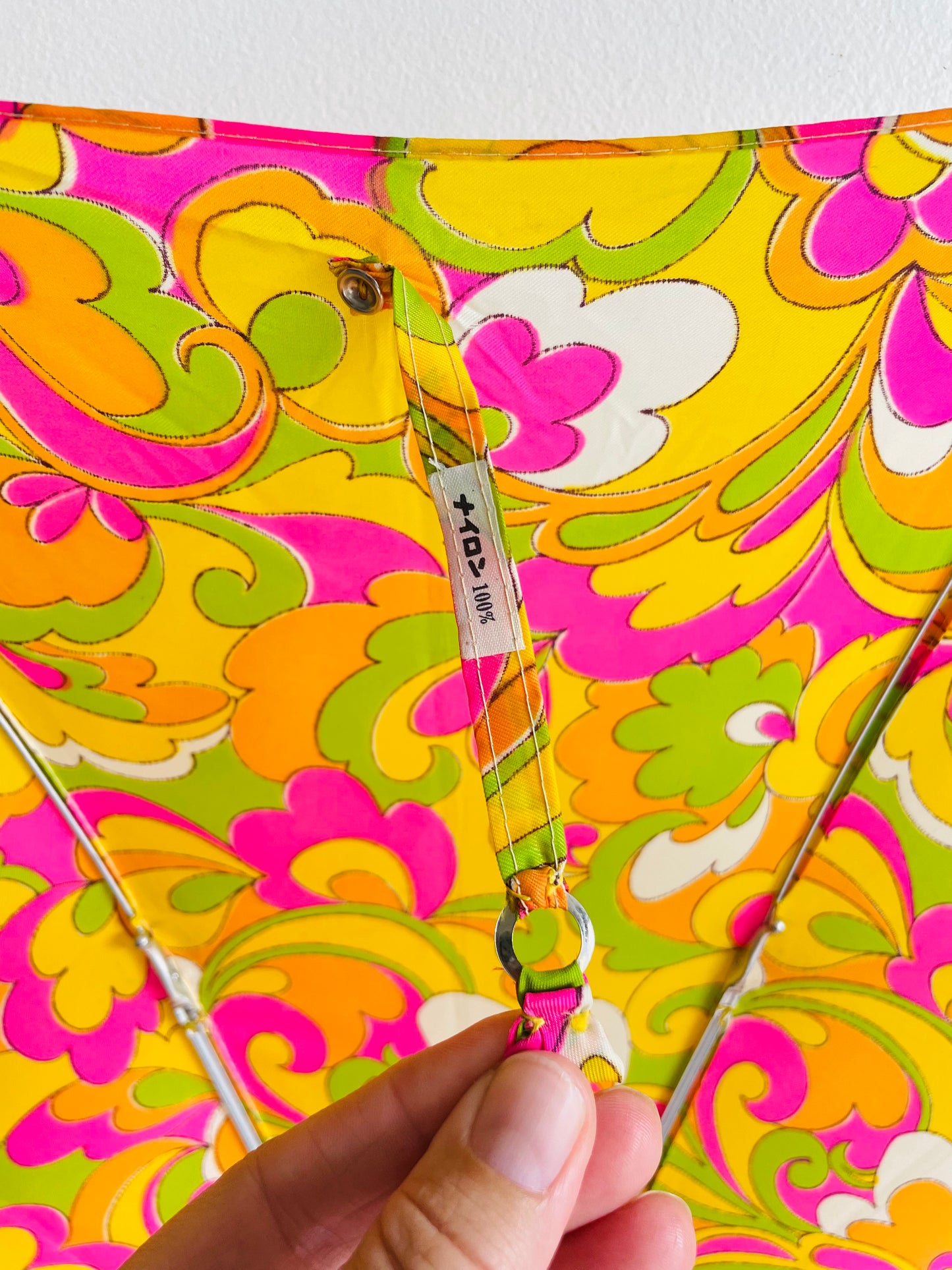 Vintage 1960s Bright, Groovy & Psychedelic Parasol Rain Umbrella - 100% Nylon - Japanese Writing on Tag