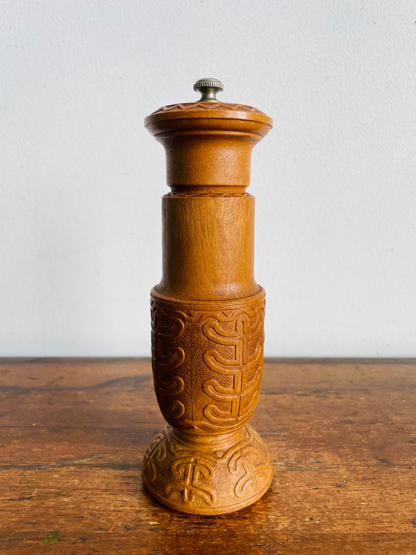 Vintage Carved Wood Pepper Mill Grinder with Interesting Design - Made in Italy