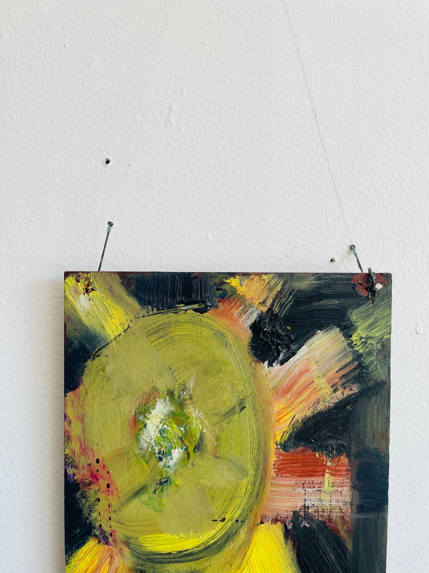Original Art Yellow & Black Abstract Painting on Wood Board with Fish Hooks to Hang From Wall - Purchased from an Artist's Estate in Fort Erie, ON - No Shipping