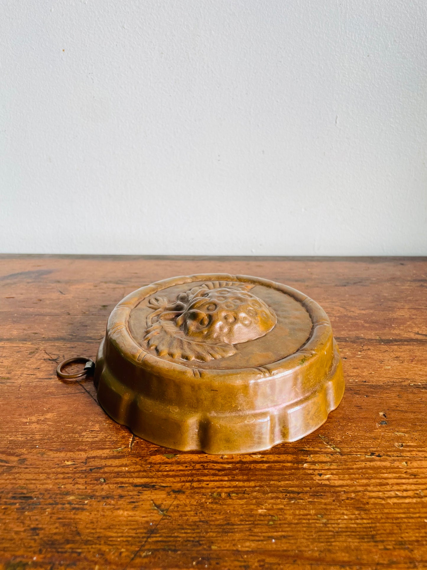 Vintage Solid Copper Round 6" Jelly Mold Wall Hanging with Botanical Raspberry Fruit Design