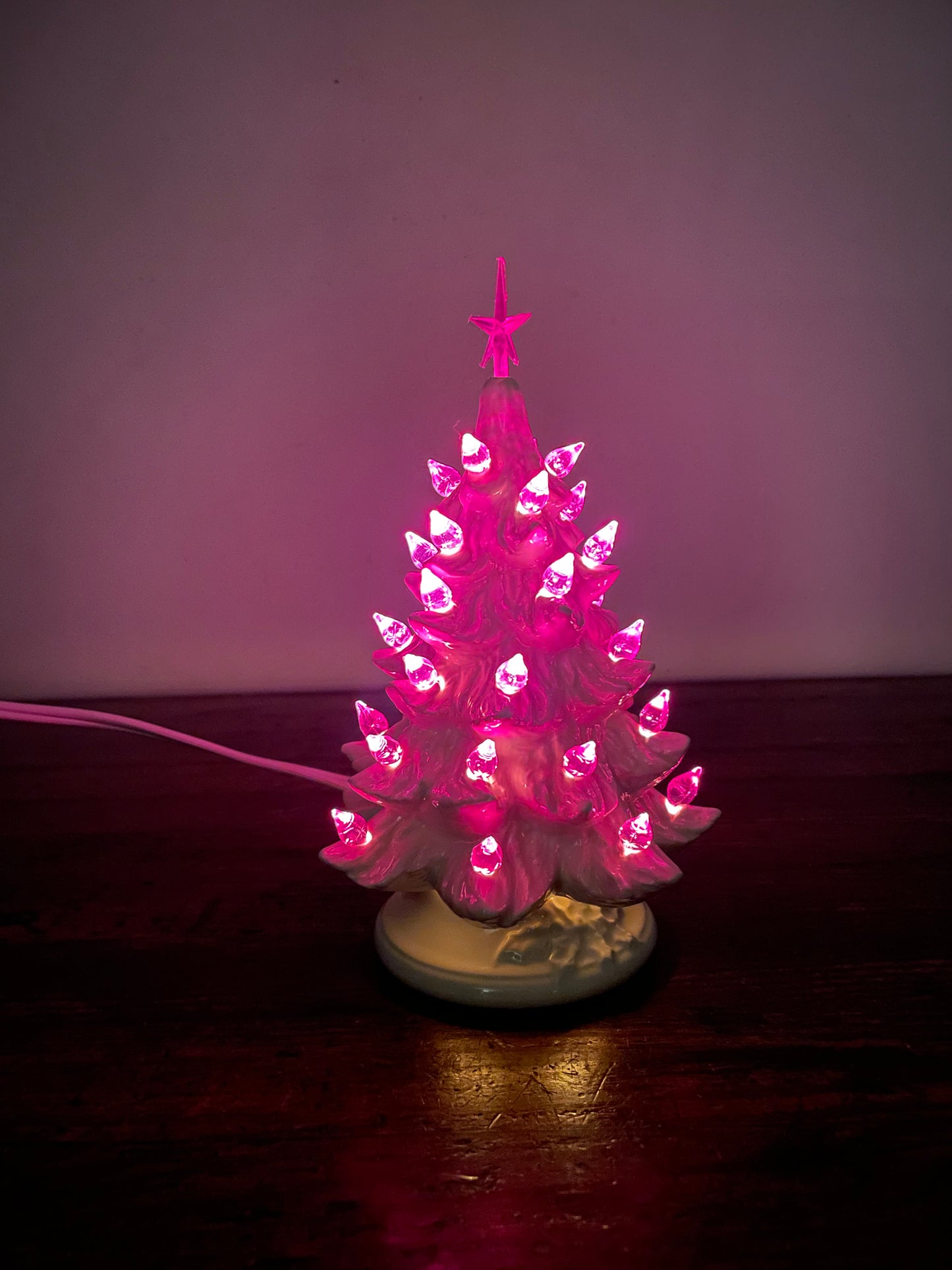 Miniature White Ceramic Light Up Christmas Tree with Purple Bulbs & Star (2005)