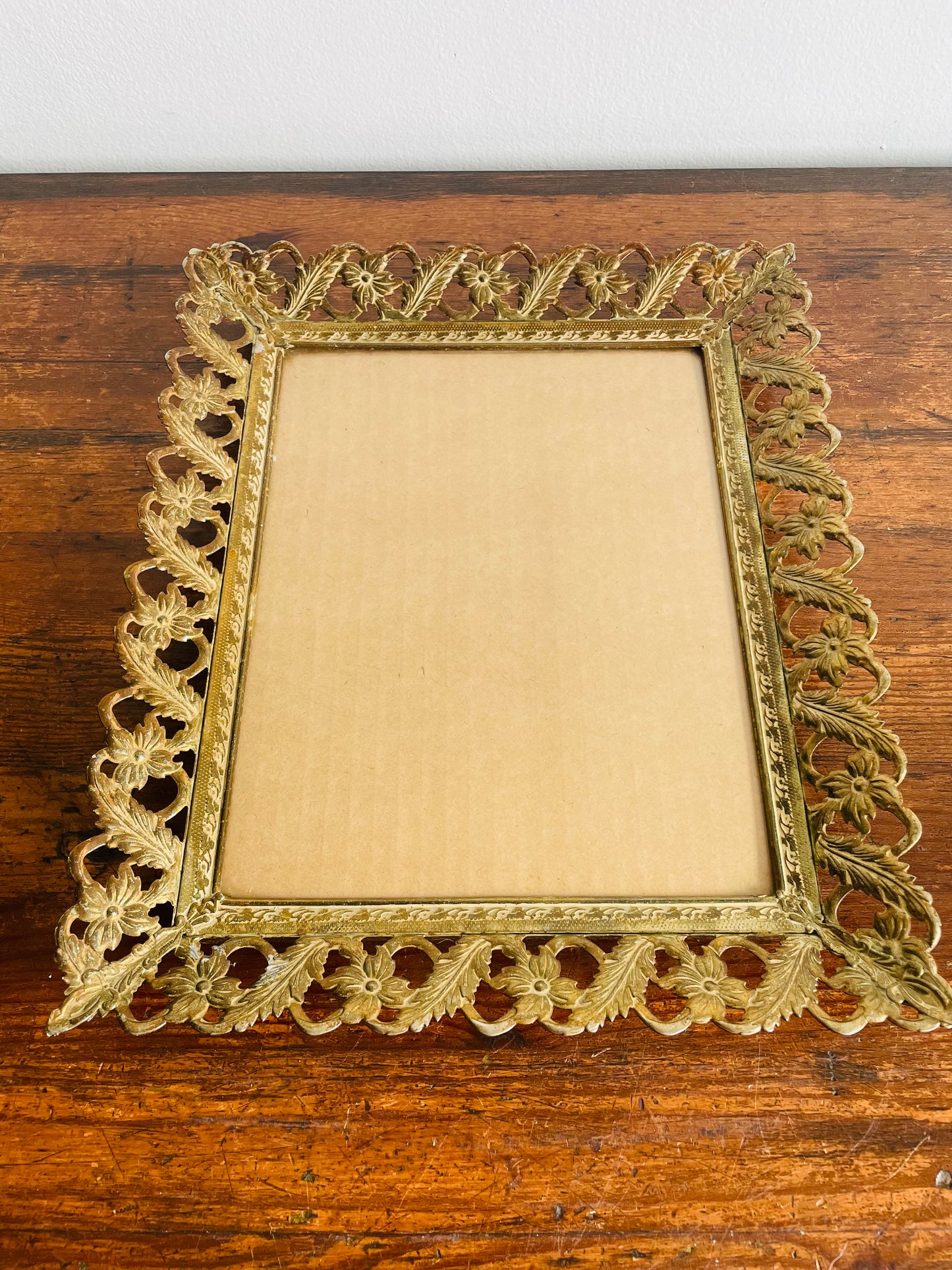 Large Ornate Brass Picture Frame with Ornate Floral Filigree & Wall Hooks to Hang