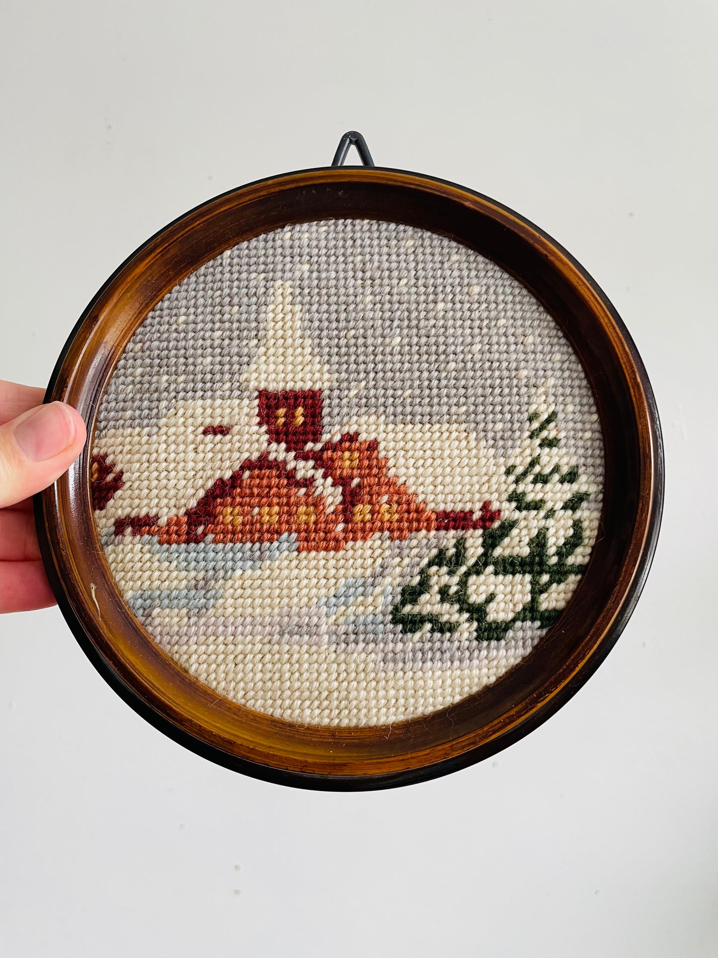 Vintage Round Embroidery Needlepoint Picture of Snowy Winter Village Scene