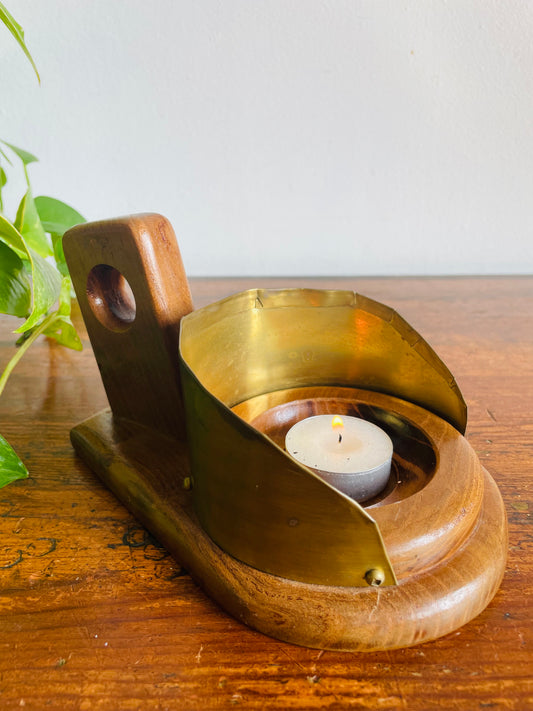 Vintage Brass & Wood Chamberstick Candle Holder Reflector - Pillar Candle or Tealight Candle