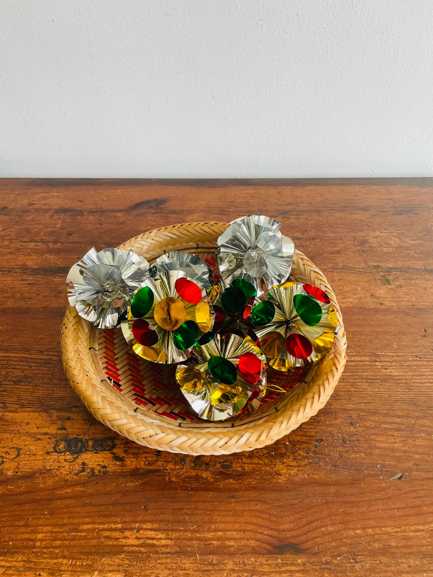 Woven Basket Bowl or Wall Hanging with Orange Design