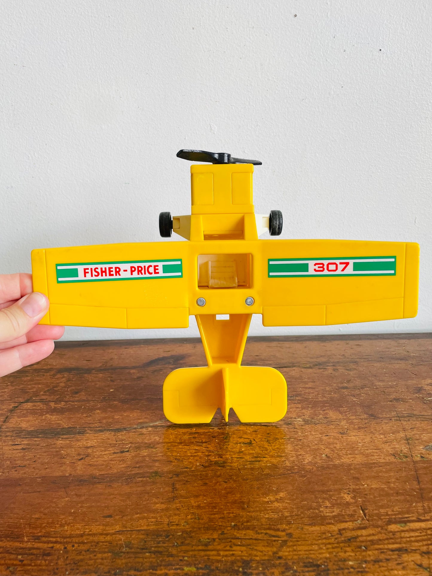 Vintage 1976 Fisher Price Toys 307 Bright Yellow Airplane Vehicle Toy - Propeller & Wheels Spin