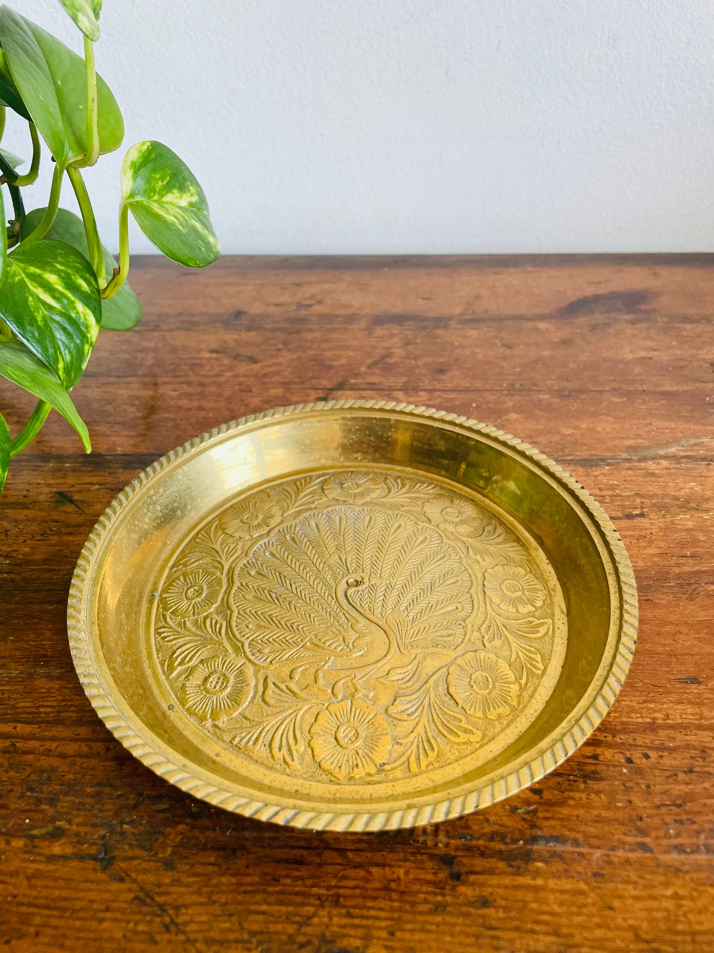 Vintage Solid Brass Trinket Bowl Dish with Embossed Peacock Bird & Flower Design - Made in India