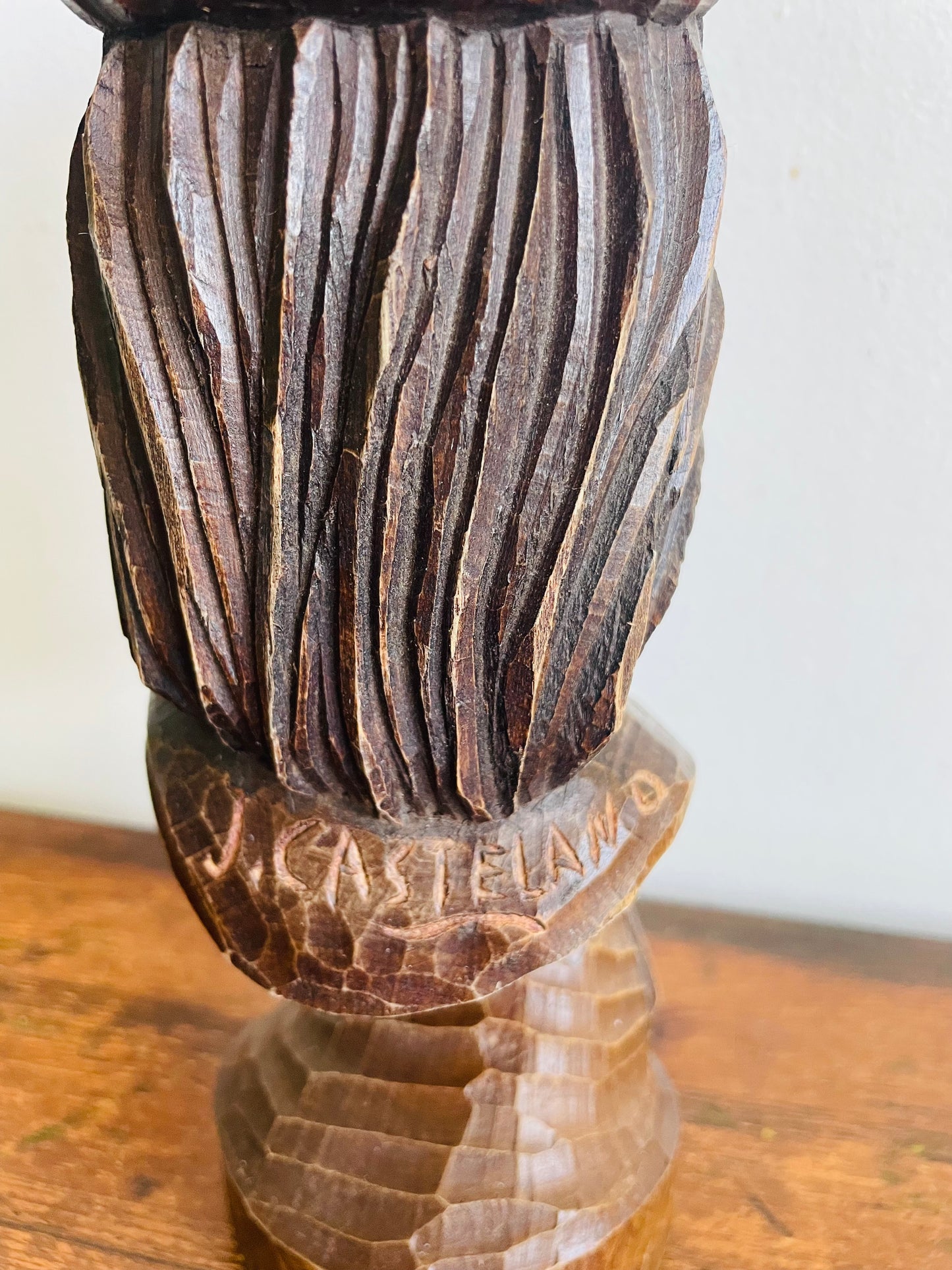 Vintage Hand Carved Wood Folk Art Bust Statue of Man - Artist Signed by J. Castelano