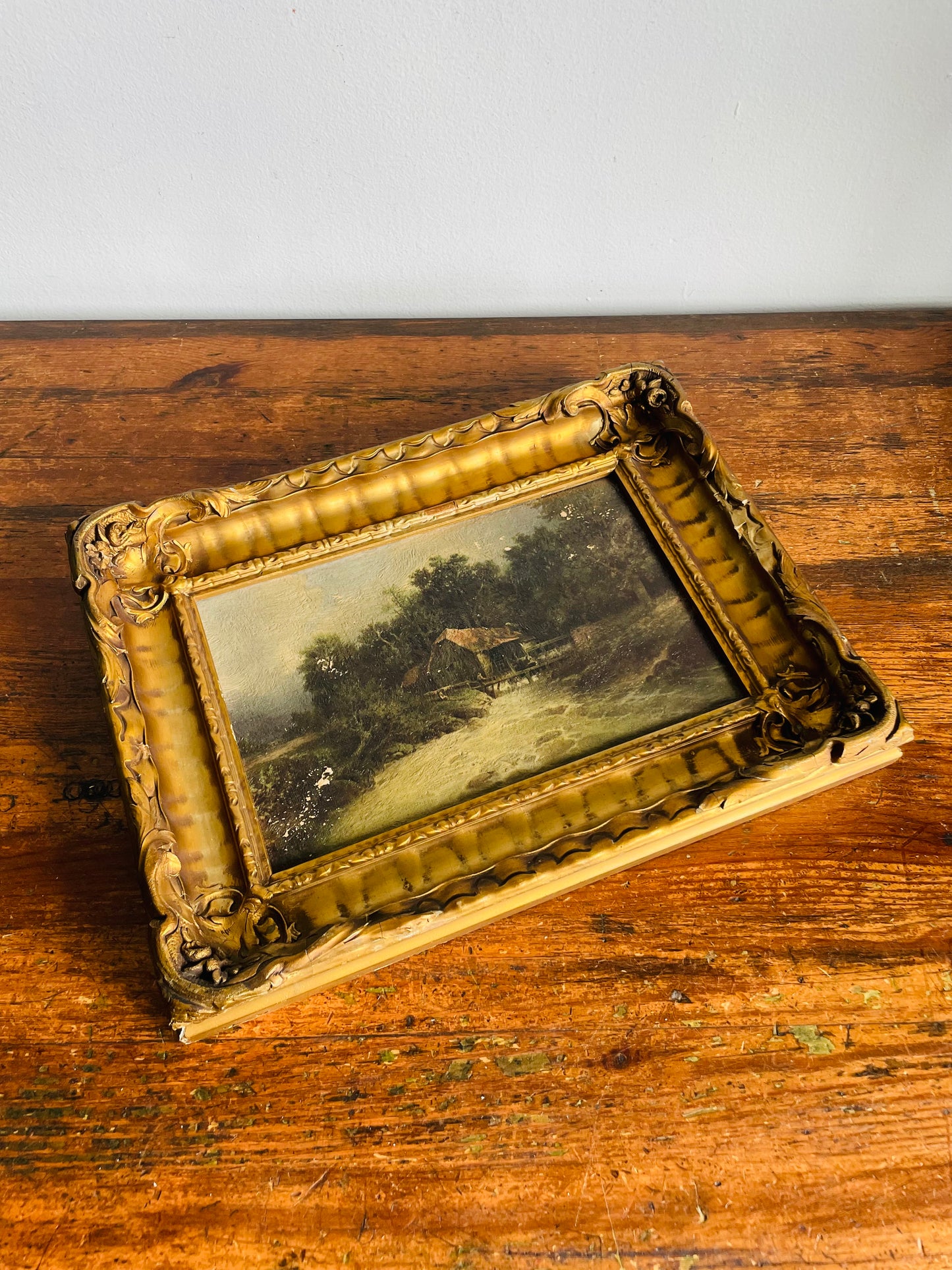 Antique Frank G. Hart's Oil Painting Facsimile Picture in Ornate Gold Frame - "The Old Watermill"