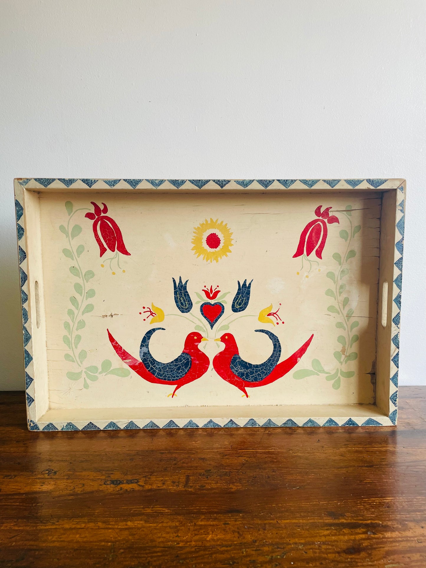 Hand Painted Wood Deep Serving Tray with Handles - Bird & Flower Folk Art Design