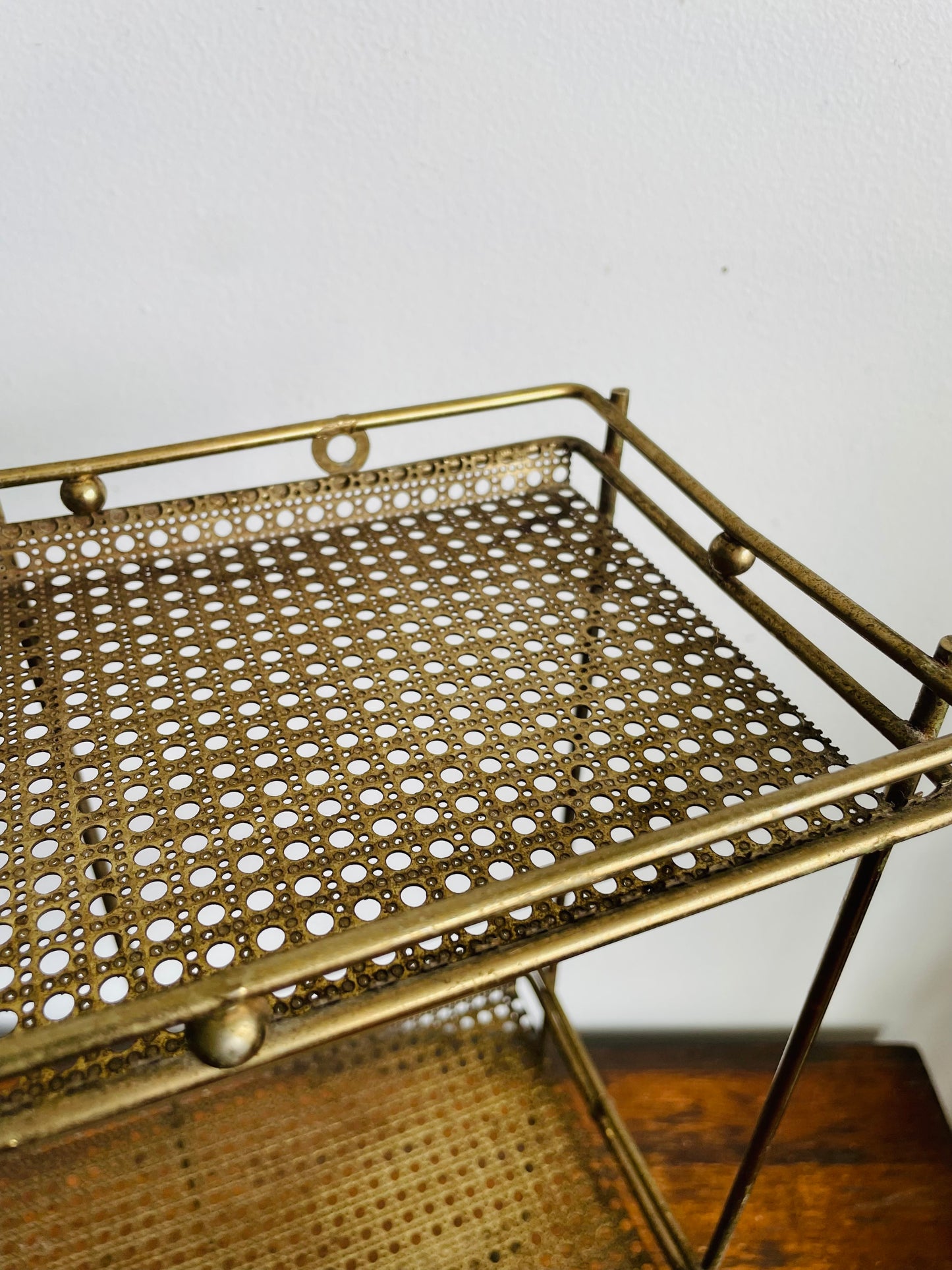 Vintage Gold Toned Metal & Brass Wall Hanging Shelf with Openwork Grill Design & Raised Edges - 3 Shelves- No Shipping