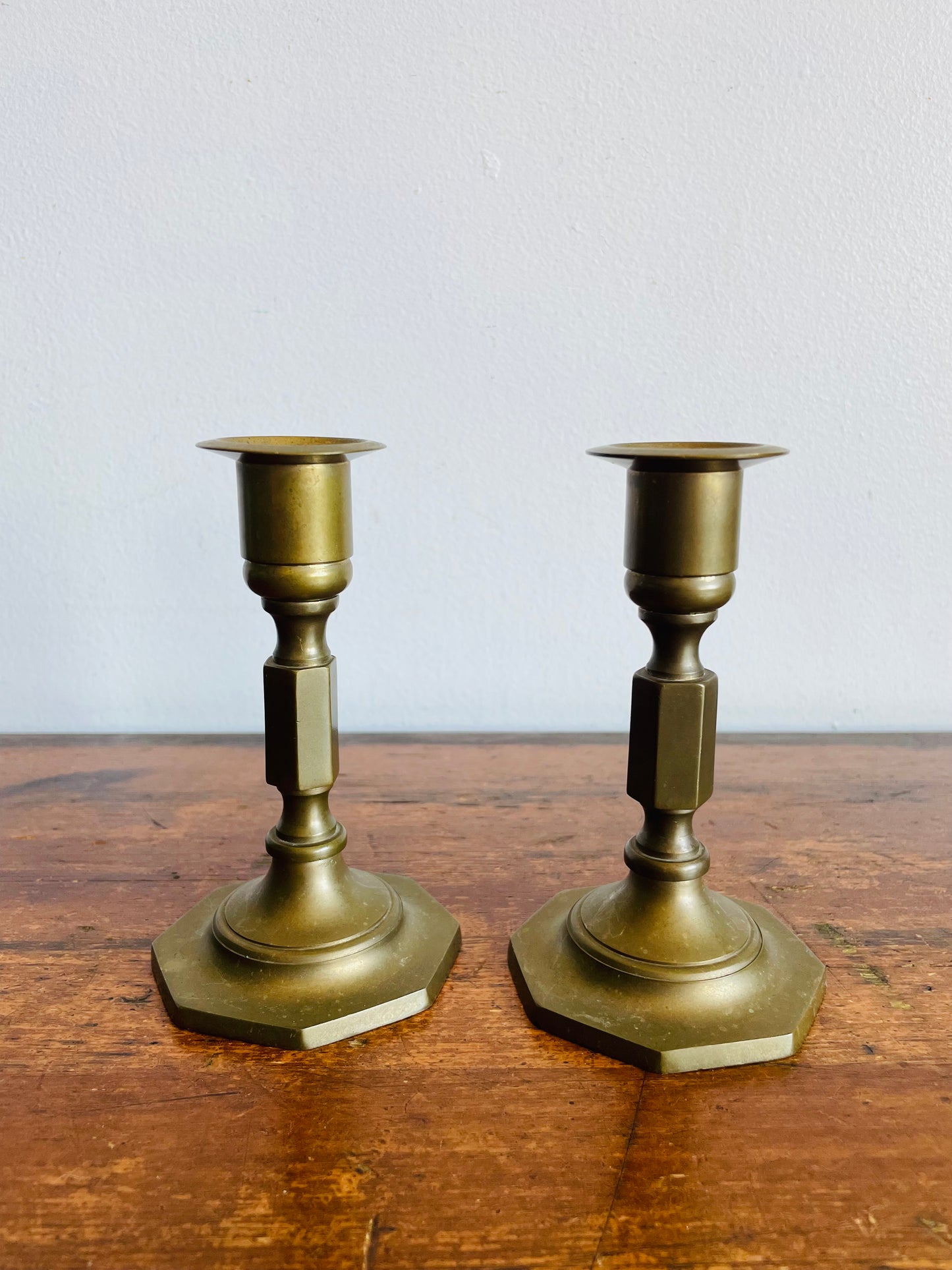 Vintage Solid Brass Candle Holders with Octagonal Base - Set of 2