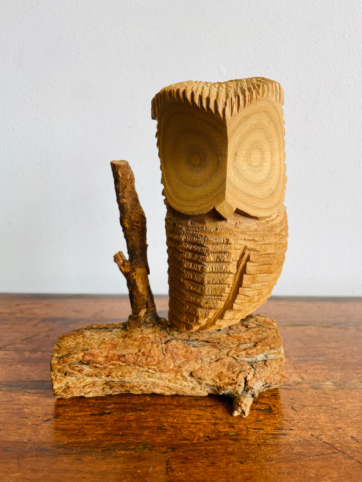 Vintage Hand-Carved Wood Owl Bird on Natural Branch Base - Signed by Canadian Woodcarving Artist Norman Peterson - Made in Canada