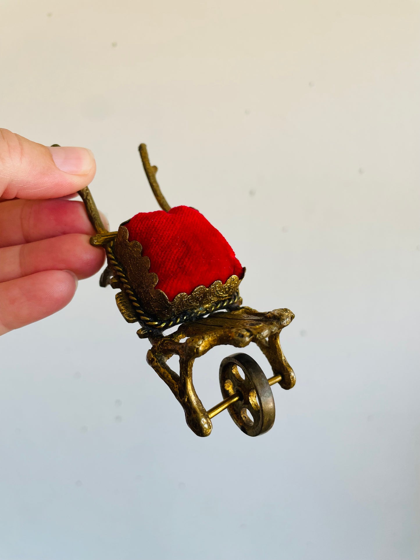 Vintage Miniature Brass Wheelbarrow Pin Cushion