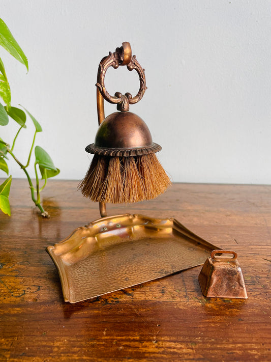 Antique Copper Silent Butler Crumb Catcher Dustpan with Hook Hanger, Brush & Bell - Set of 3 Pieces - Celtic Quality Plate - Made in England