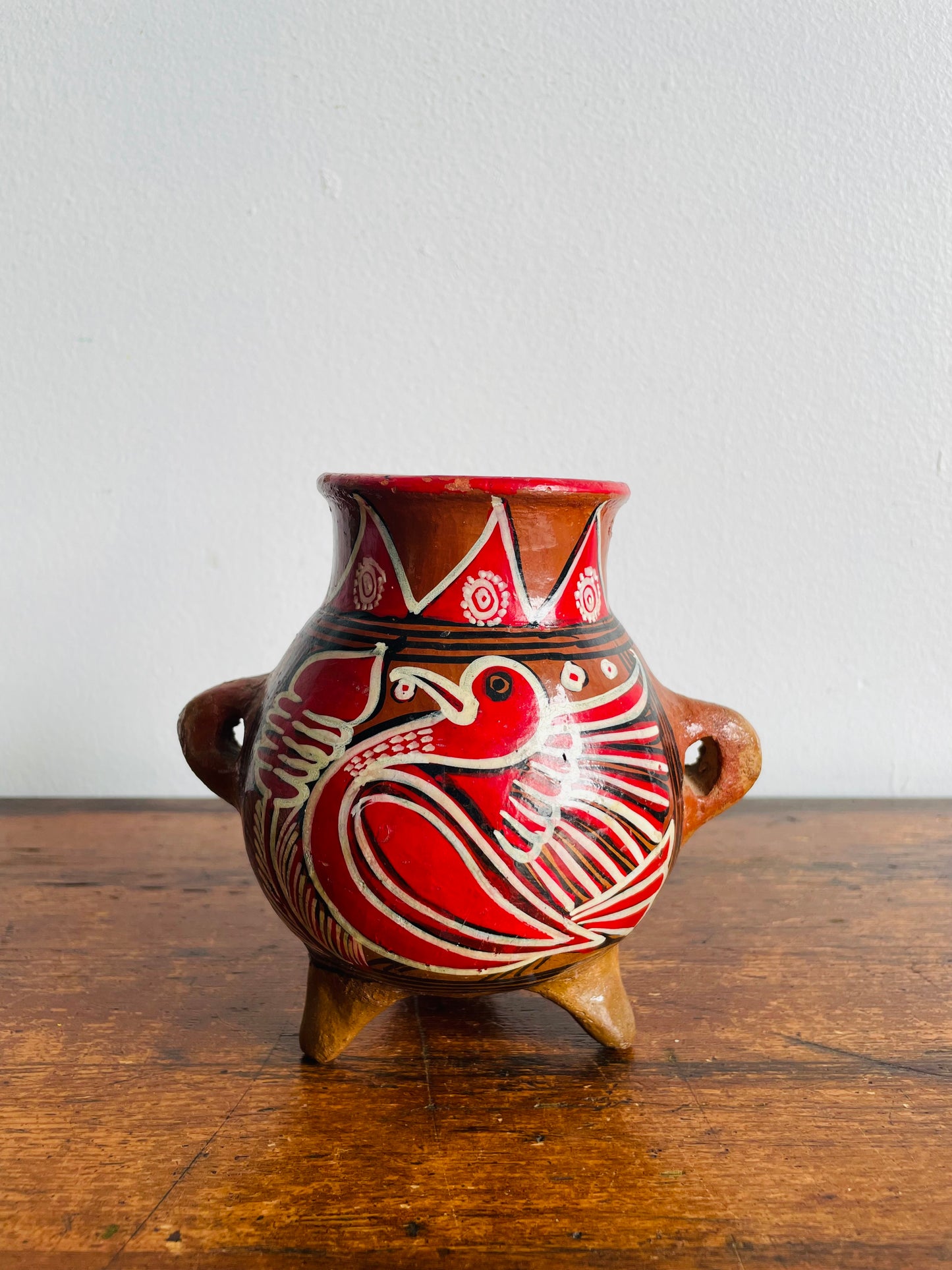 Mexican Folk Art Pottery Footed Vase Vessel with Handles & Bird Design