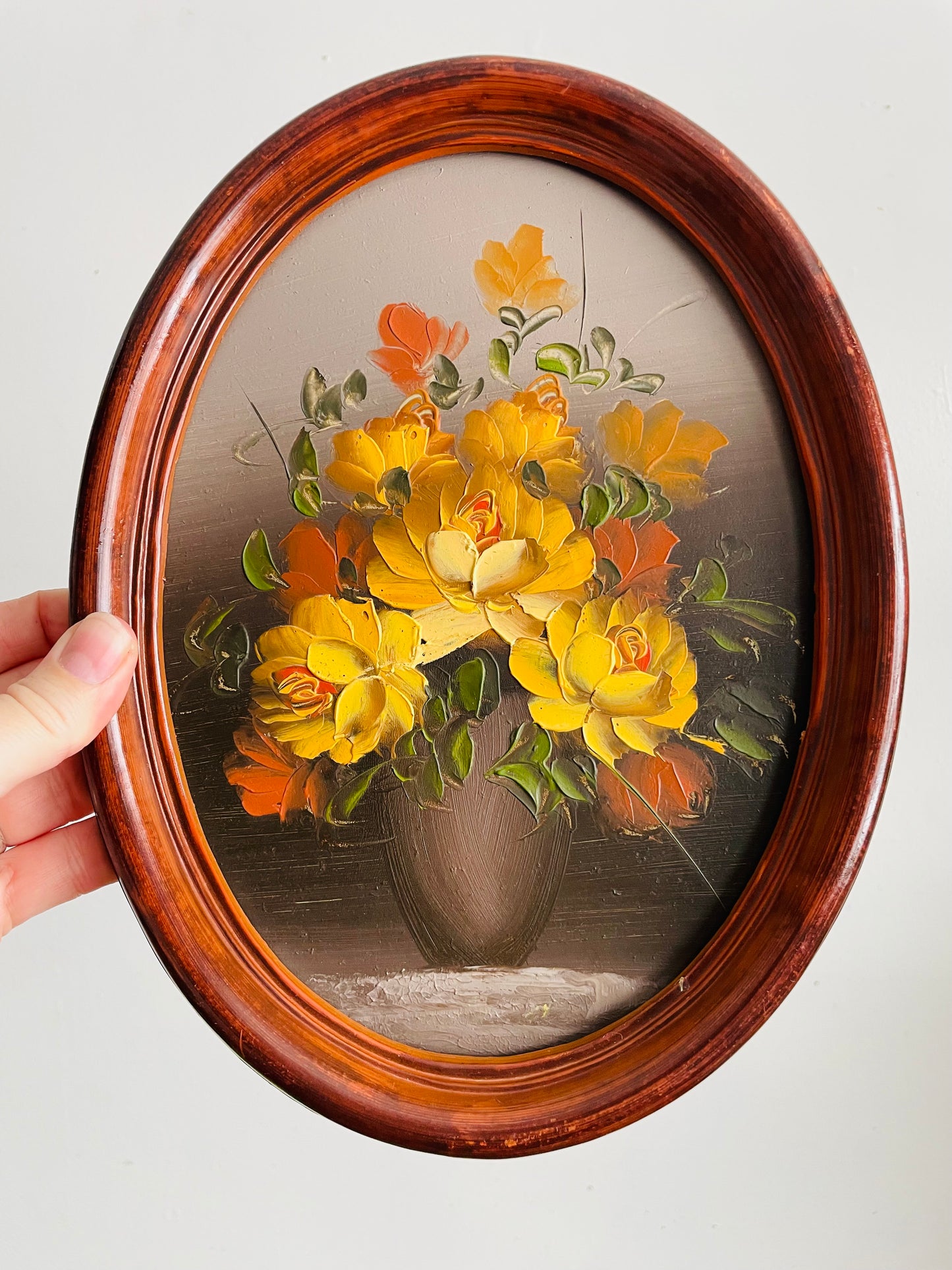 Vintage Original Art Painting of Yellow & Mustard Flowers in Vase in Oval Frame
