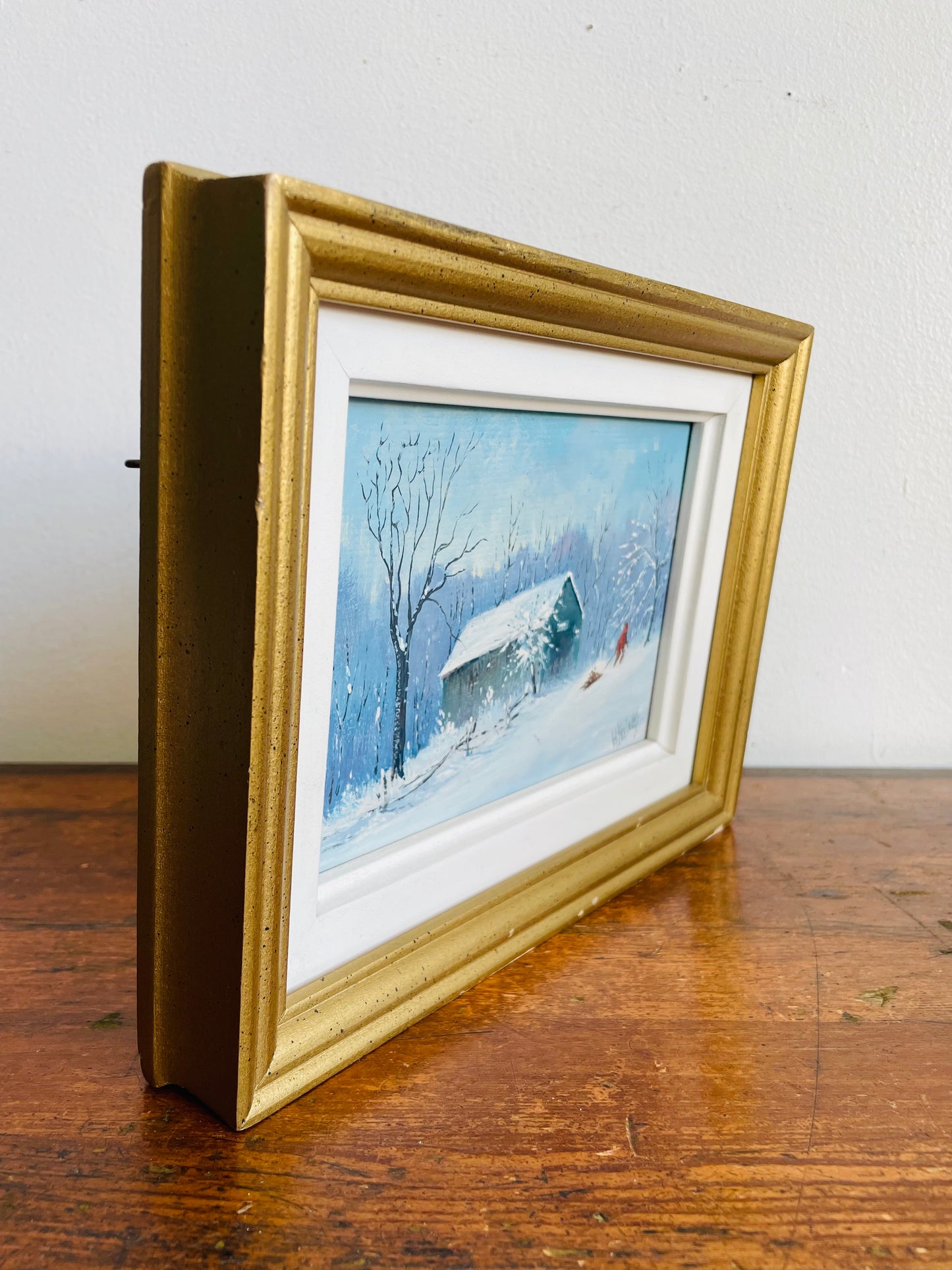 Vintage 1984 Original Art Painting of Child Pulling Sled with Chopped Wood Through Snow - "Painted by Harold Knight in my 89th Year"