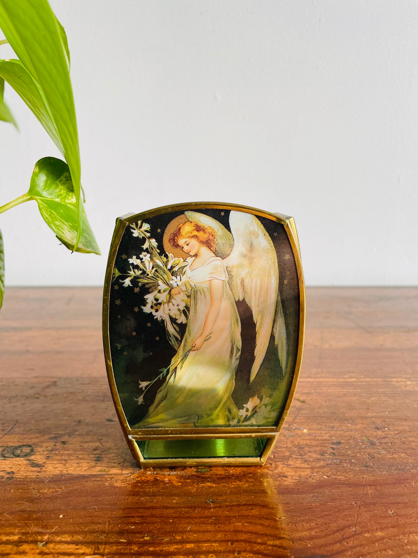 Enesco Brass & Stained Glass Tealight Candle Holder with Angel Holding Lily Flowers - Made in Mexico