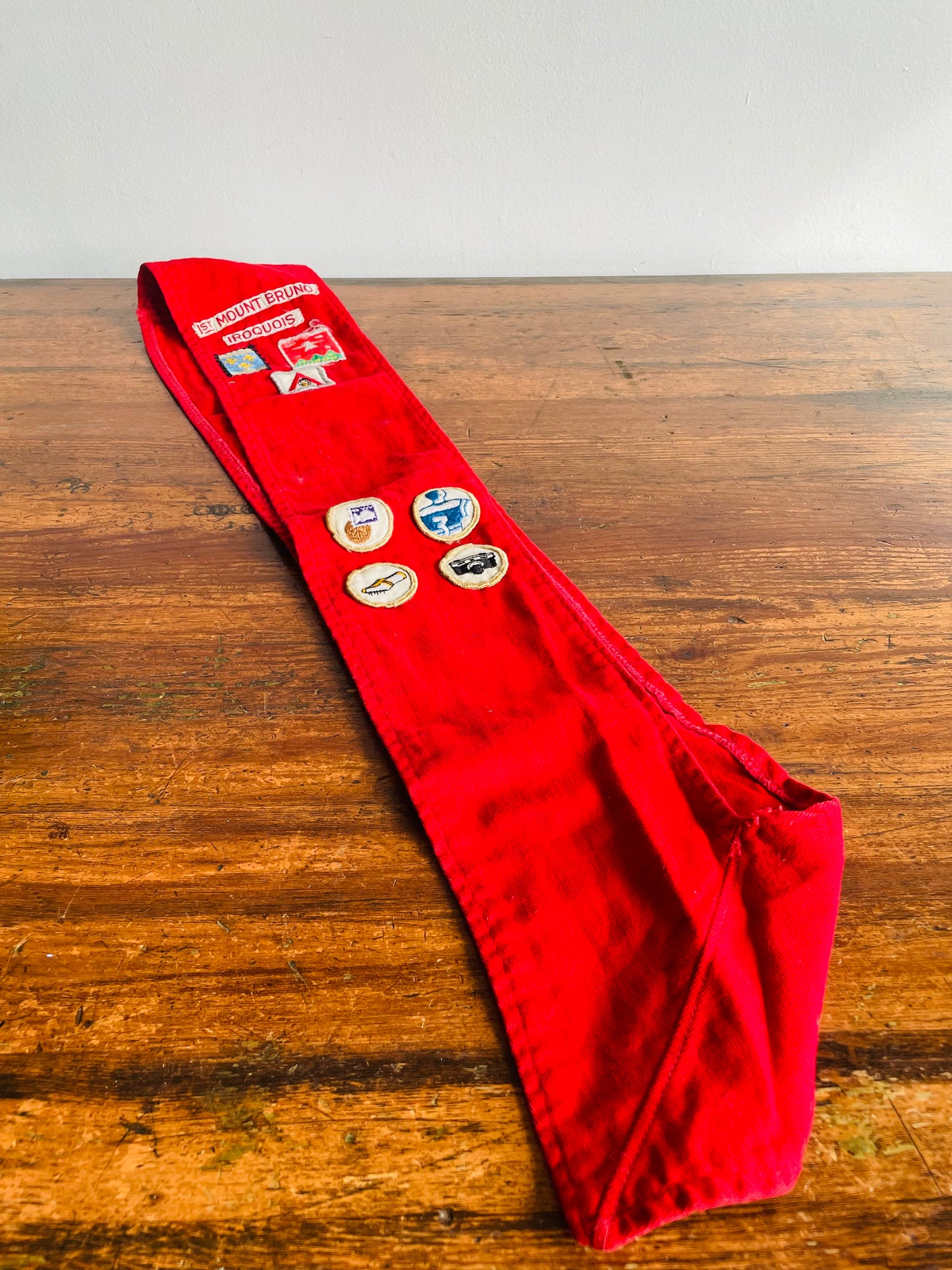 1960s Boy Scouts of Canada Red Merit Badge Sash with 7 Patches - 1st Mount Bruno Iroquois