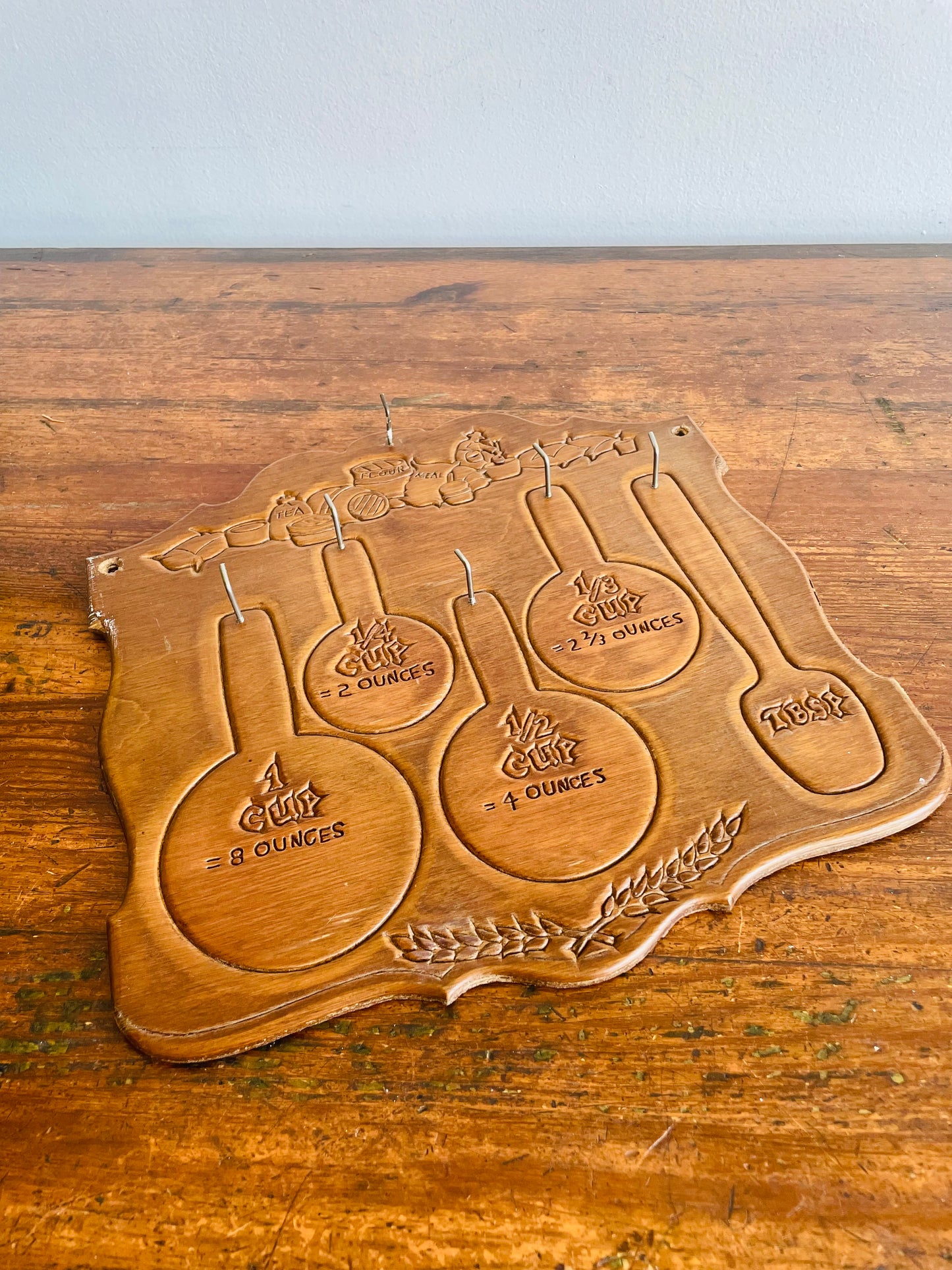 Carved Wood Kitchen Wall Hanging with Hooks for Measuring Cups & Spoons - Includes Cup and Ounce Conversions