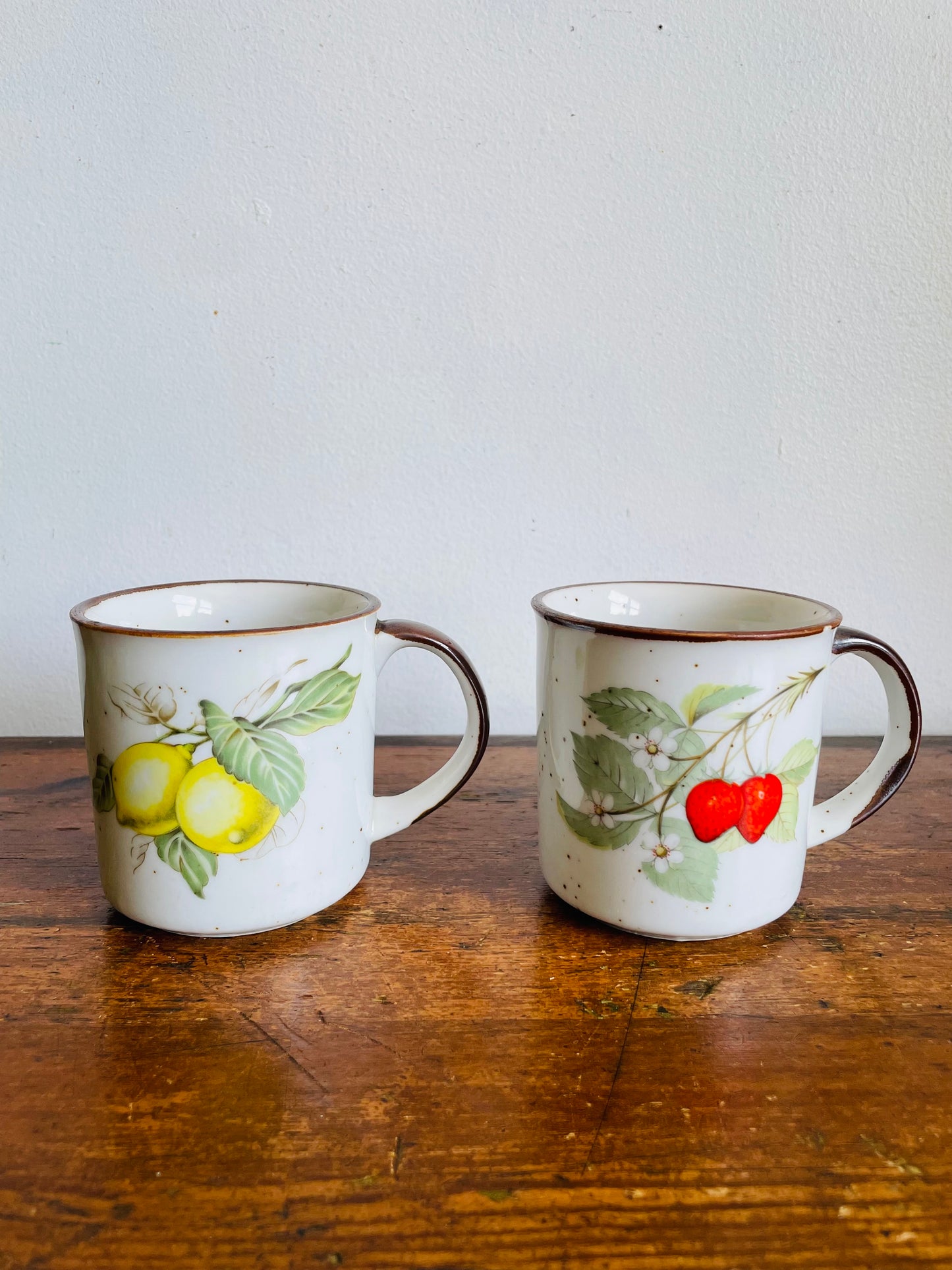 Vintage Speckled Fruit Mugs with Strawberries & Lemons - Made in Japan - Set of 2