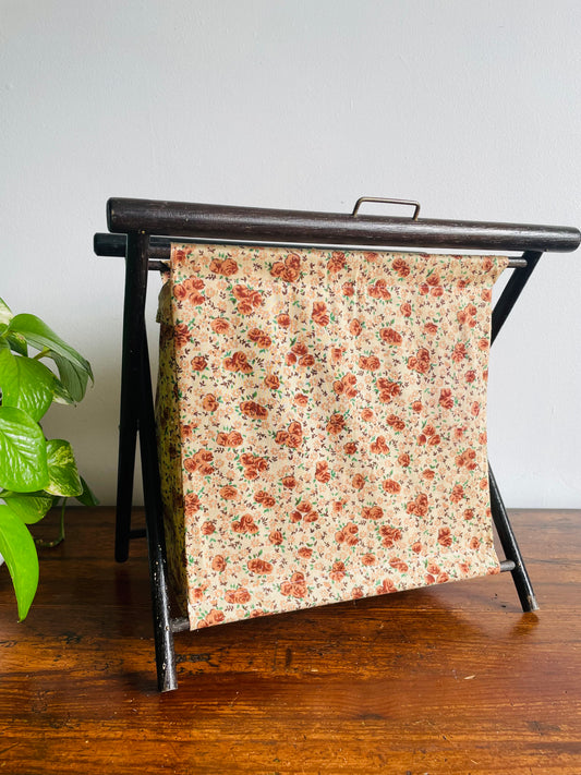 Wood & Cloth Folding Knitting Basket Bag with Muted Floral Design - Made in Hong Kong