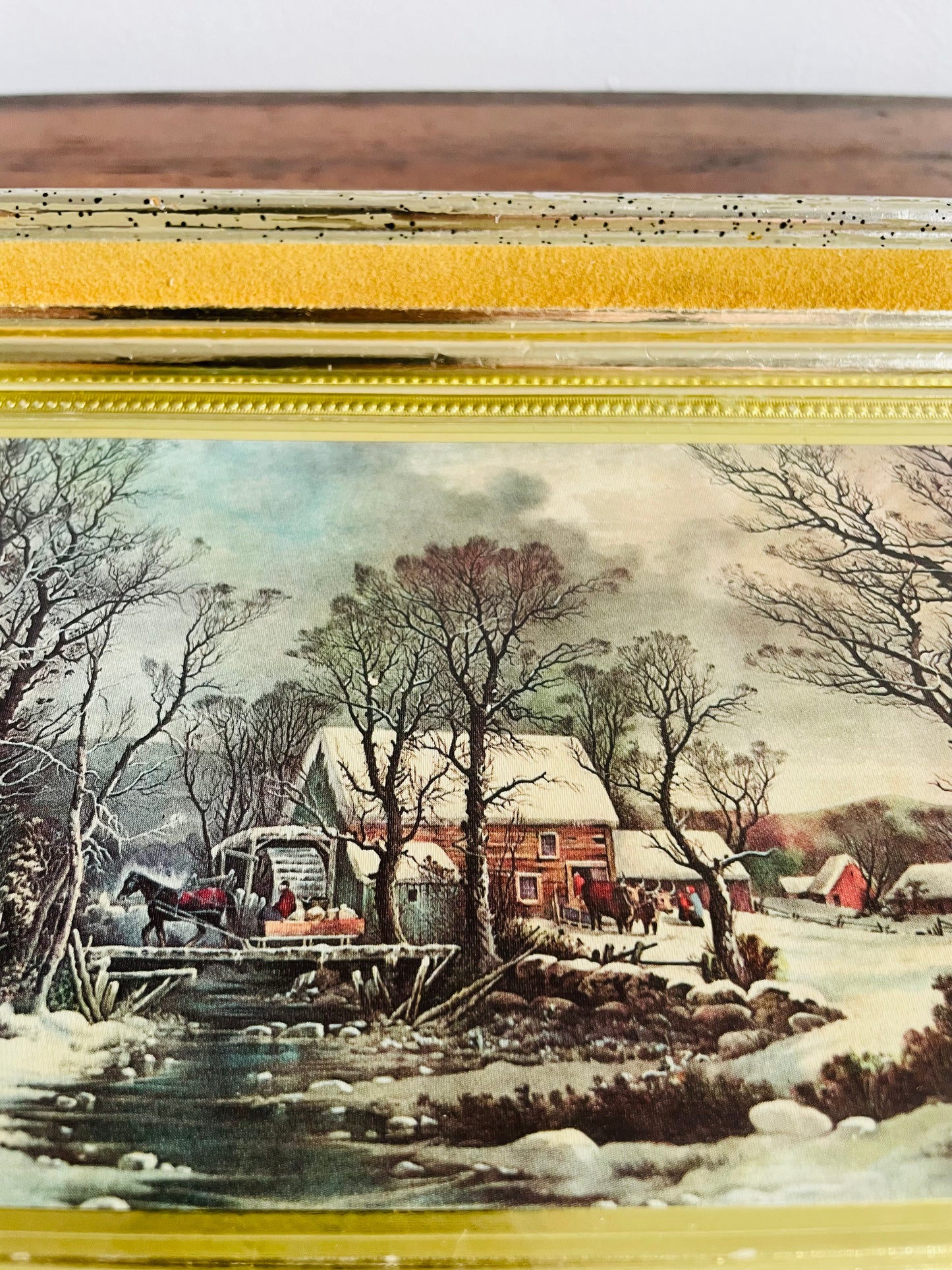 Framed Print of Snowy Farmhouse Scene with Horse Drawn Sleigh Over Bridge