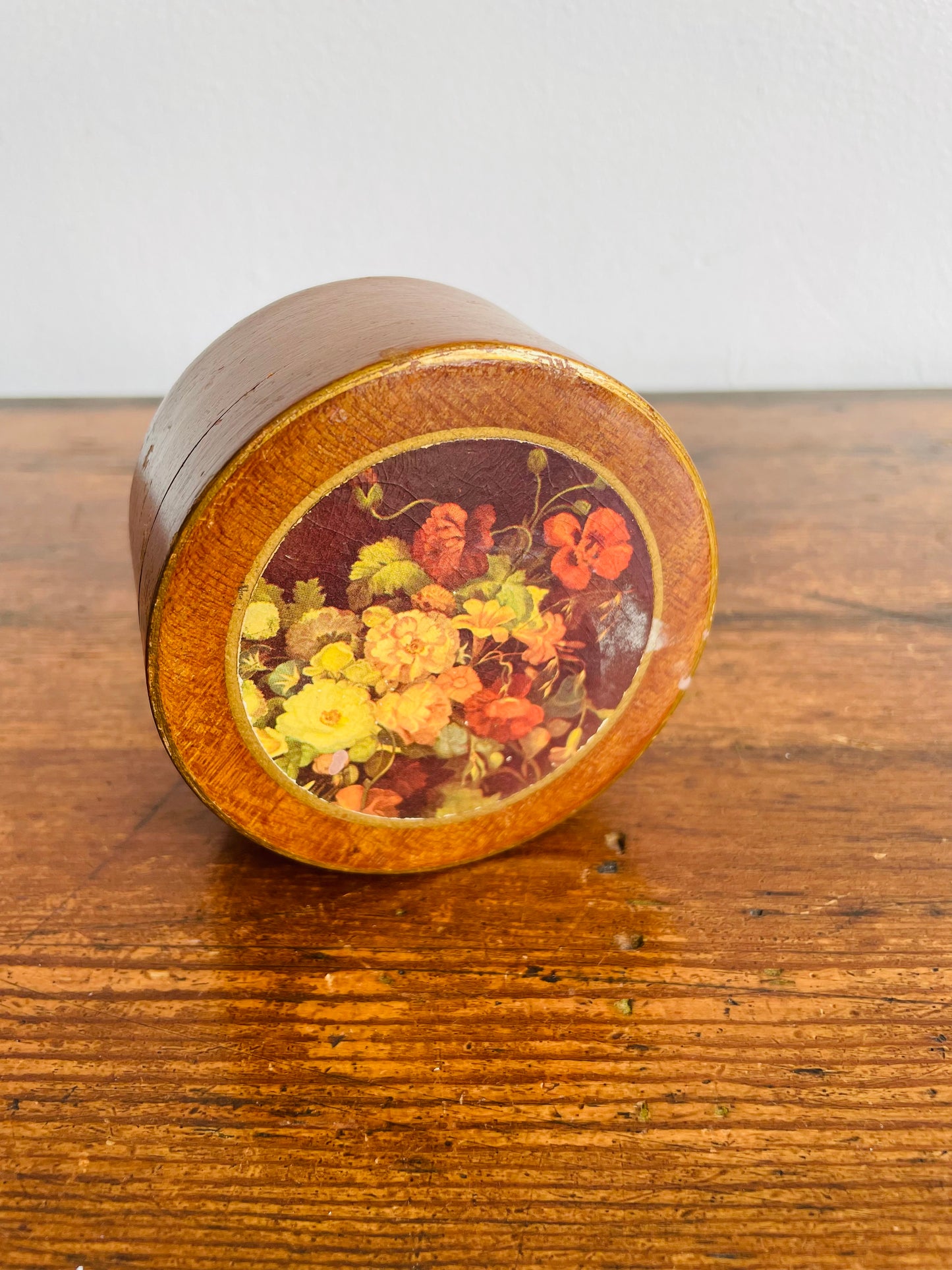 Round Wood & Tin Trinket Box with Floral Lid