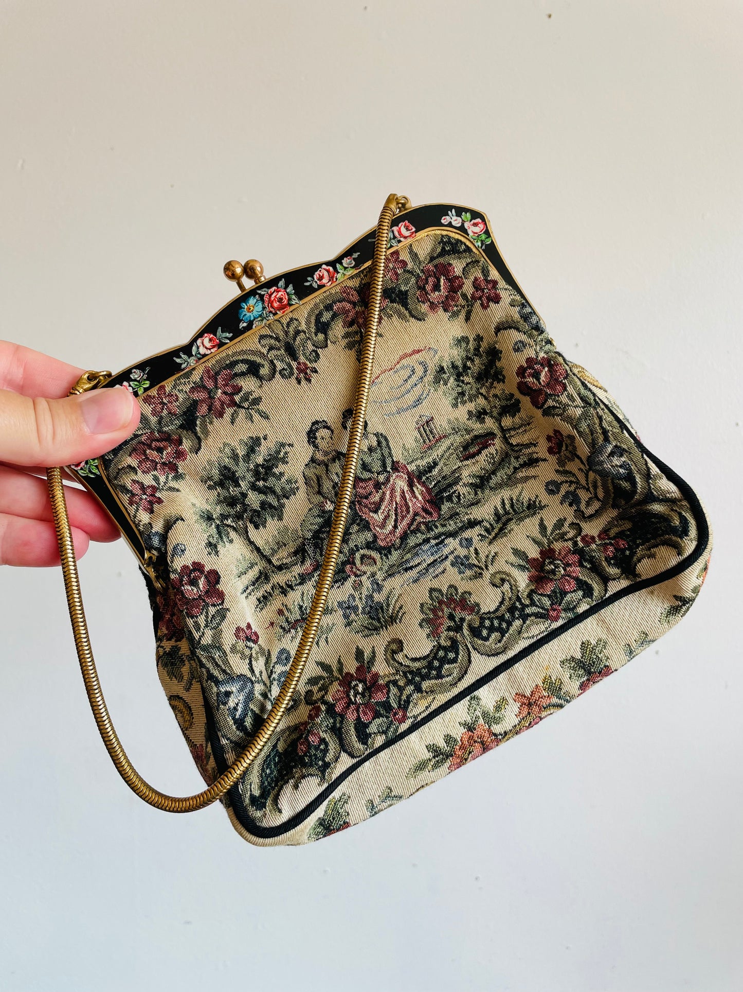 La Marquise Romantic French Tapestry Evening Bag Purse on Brass Chain