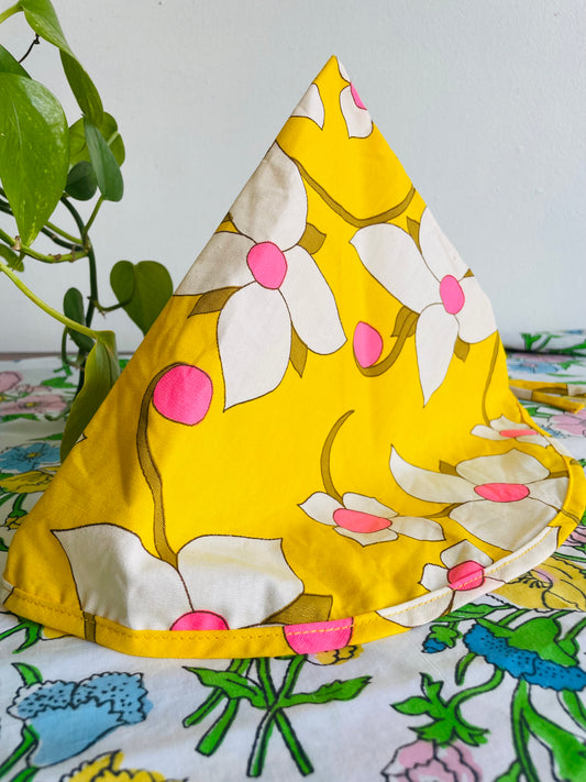Groovy Yellow Fabric Triangle Pouch Holder or Hat with White & Pink Flower Design - Solve the Mystery of What This Is!