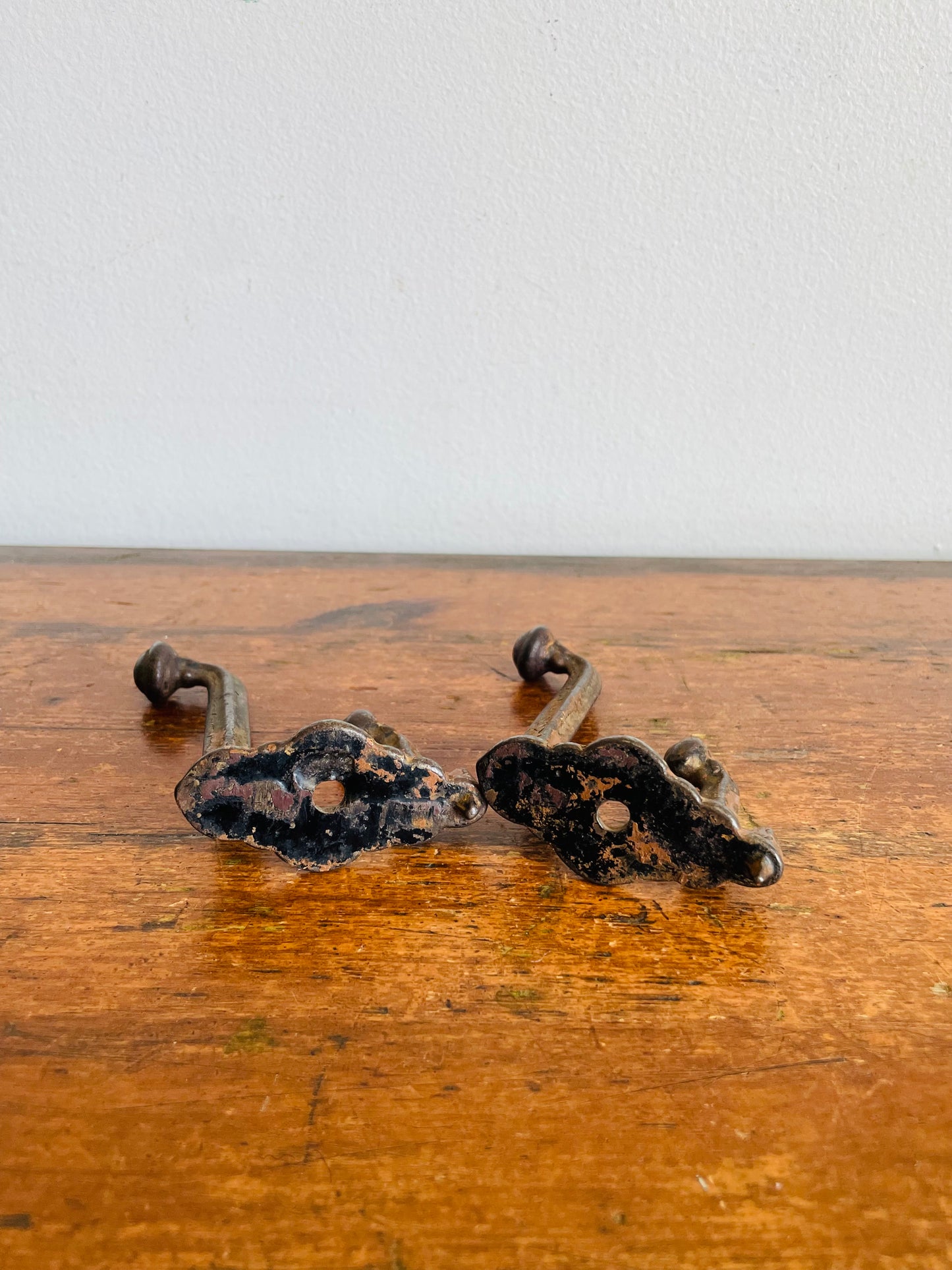 Vintage Black Metal Double Wall Hook Hangers with Chippy Brown Paint - Architectural Salvage / As Found - Set of 2