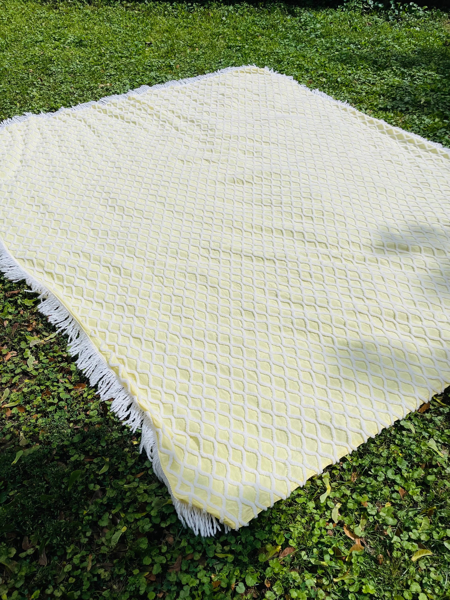 Yellow & White Chenille Bedspread Blanket with Fringe - Made in Canada