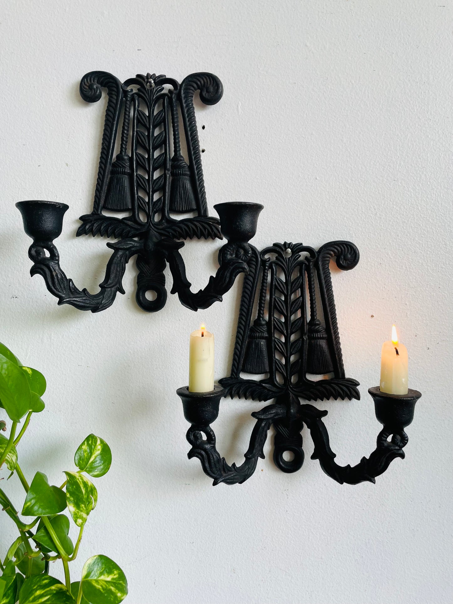 Vintage Wilton Cast Iron Double Candle Holder Wall Hanging Sconces - Set of 2
