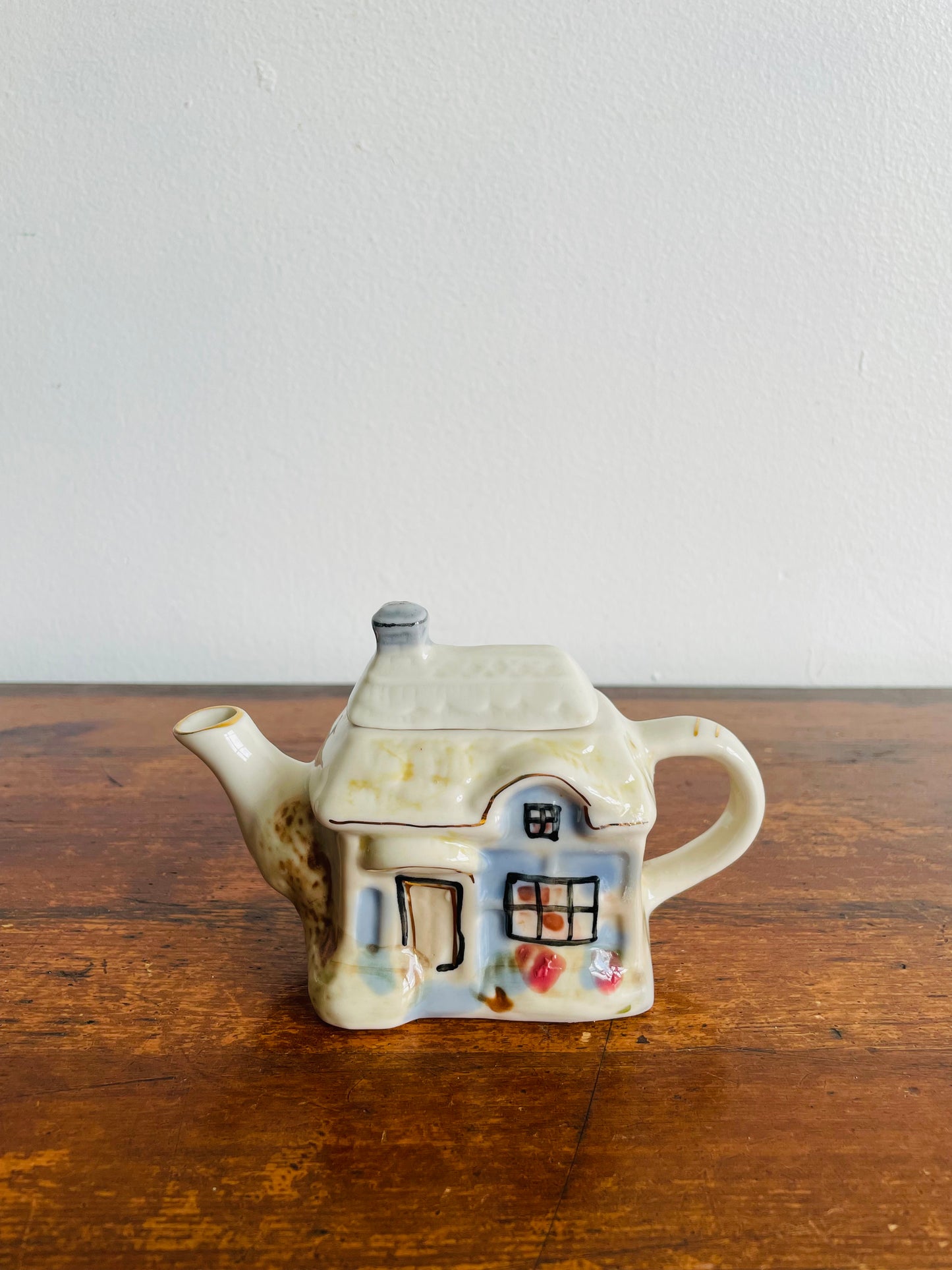 Miniature & Adorable Teapot - Country Cottage with Blue & Black Windows & Door