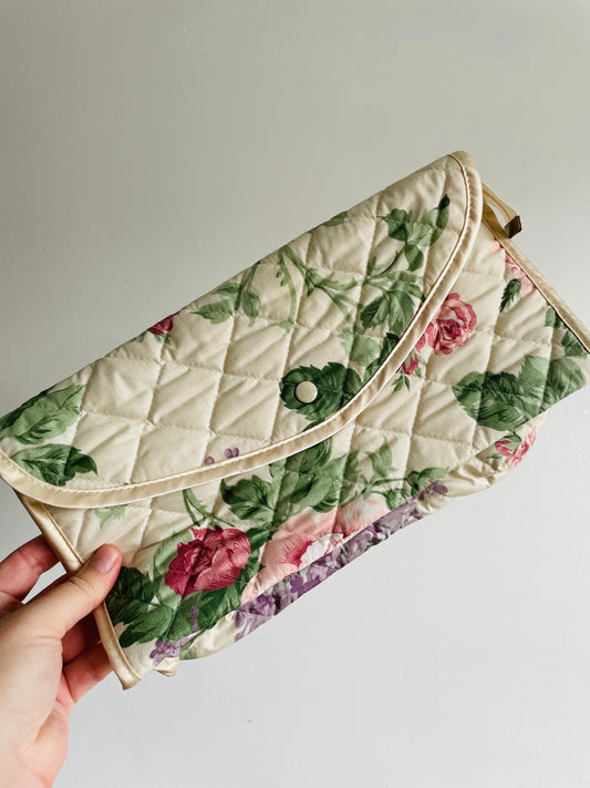 Quilted Floral Fabric Toiletry Case or Travel Bag with Lined Interior - Zips & Snaps Closed