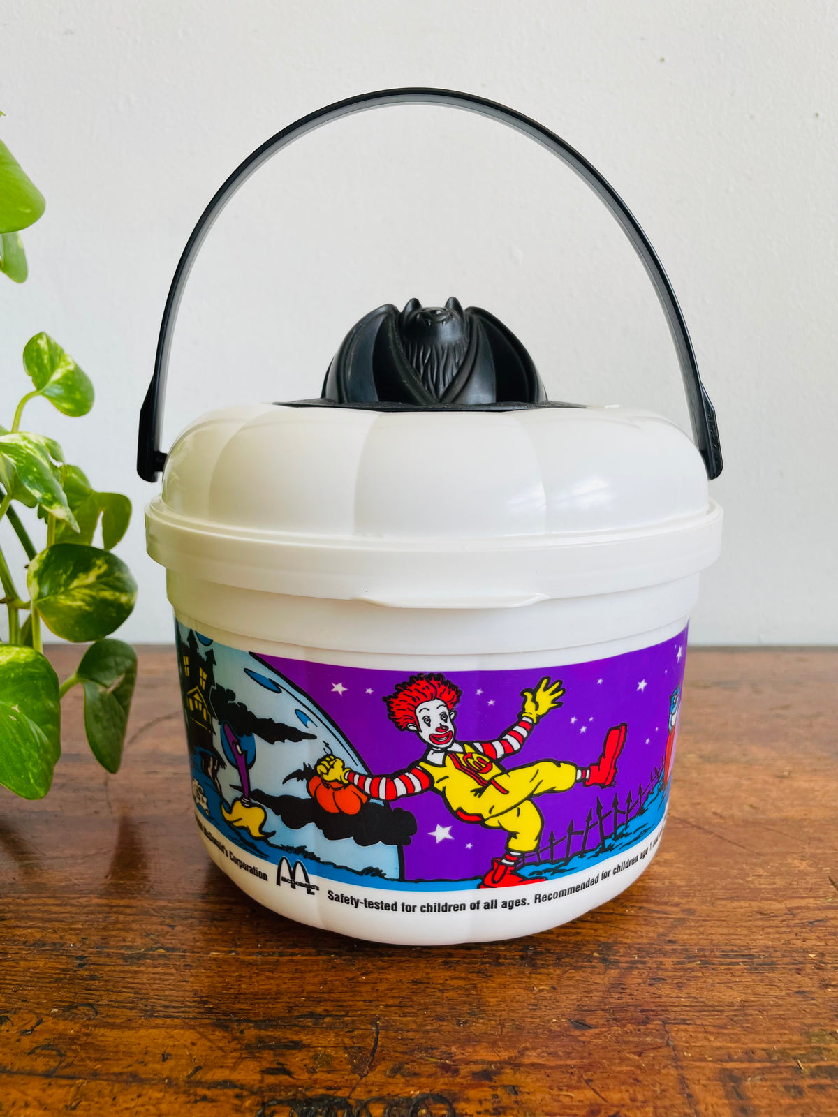 Vintage 1999 McDonald's White Plastic Trick or Treat Halloween Bucket with Bat Lid