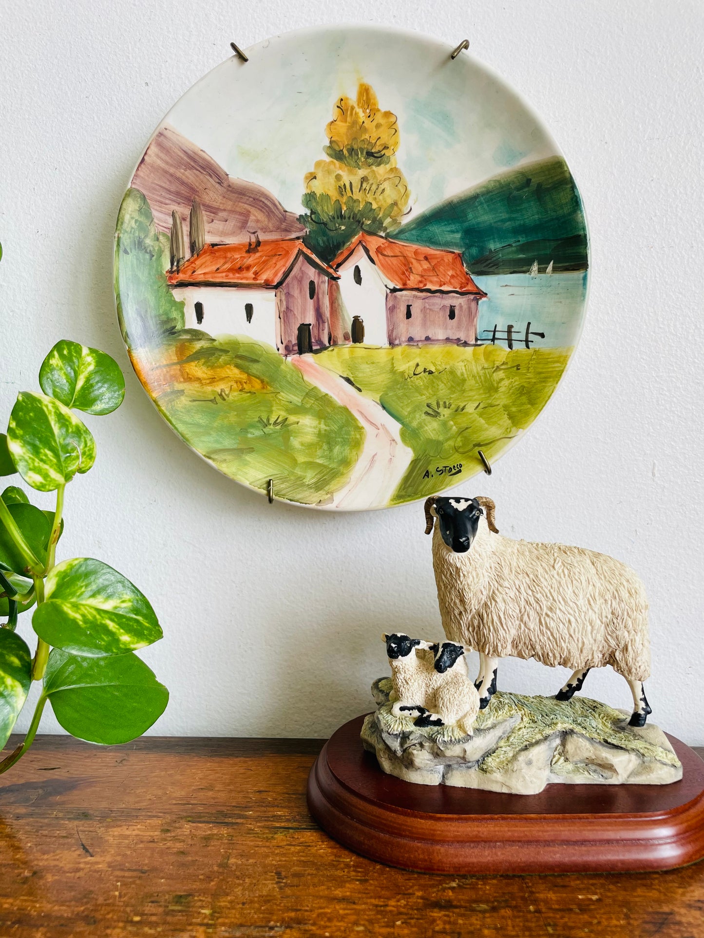 Vintage 1996 Border Fine Arts B124 Blackface Ewe & Lambs Sheep Figurine Statue on Wood Base - Handmade in Scotland