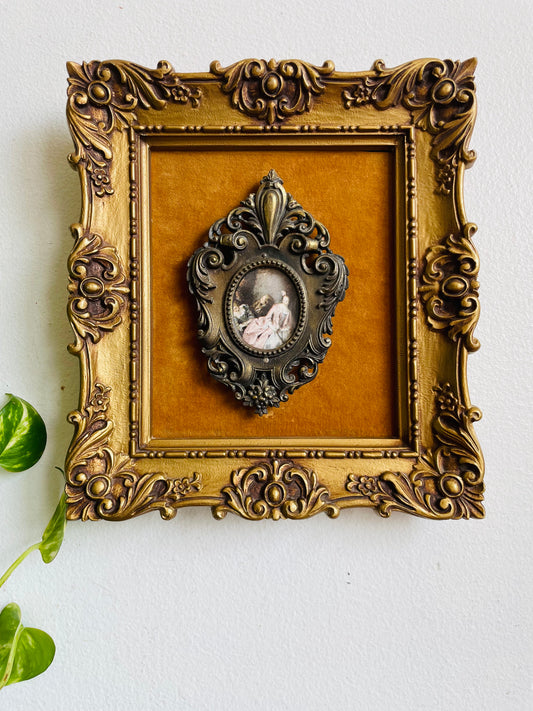 Vintage Ornate Gold, Brass & Mustard Yellow Felt Picture with Print Picture of Baroque Style Women in Dresses