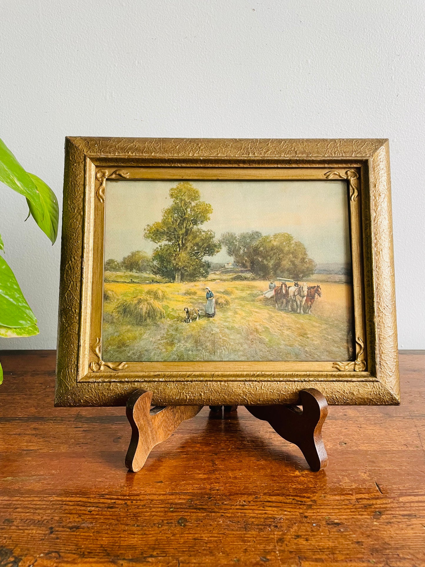 Framed Country Scene Print of People in Wheat Field with Dog & Plough Horses