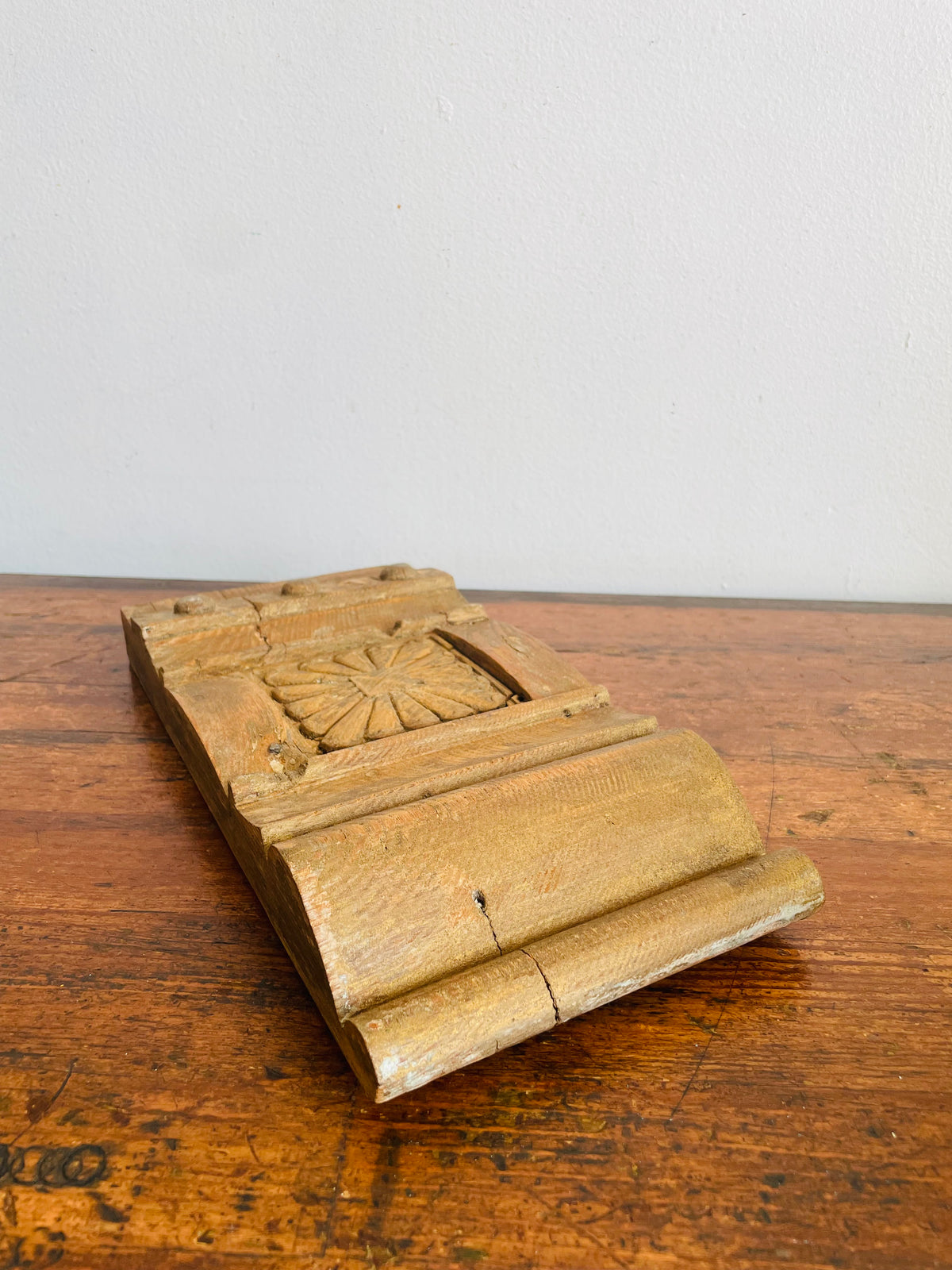 Vintage Wood Architectural Salvage Plinth Block Piece with Floral Rosette & Molded Trim - Can Hang or Stand