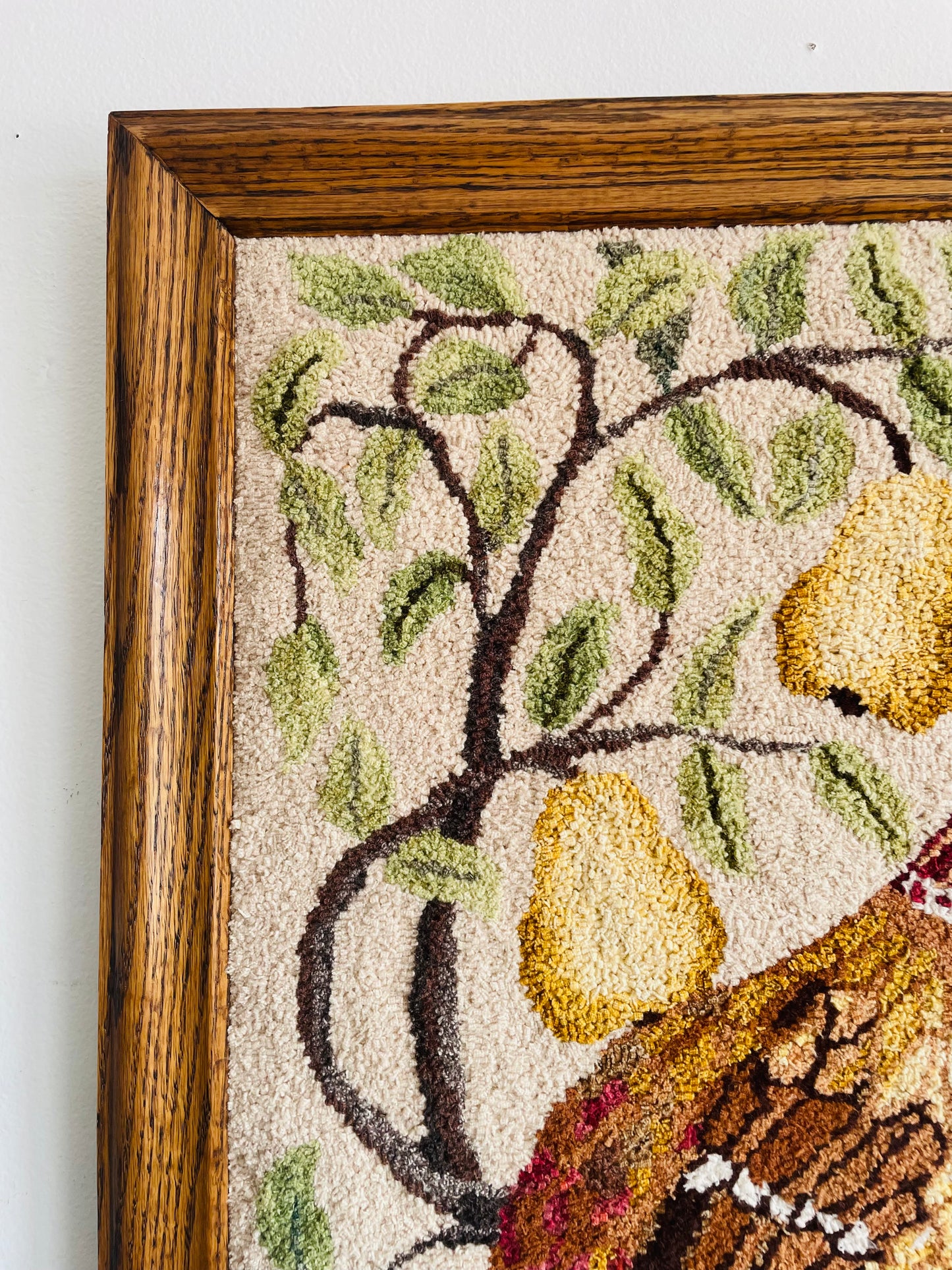 Vintage Stunning Partridge Bird in a Pear Tree Handmade Rug Hooking in Solid Wood Frame - No Shipping