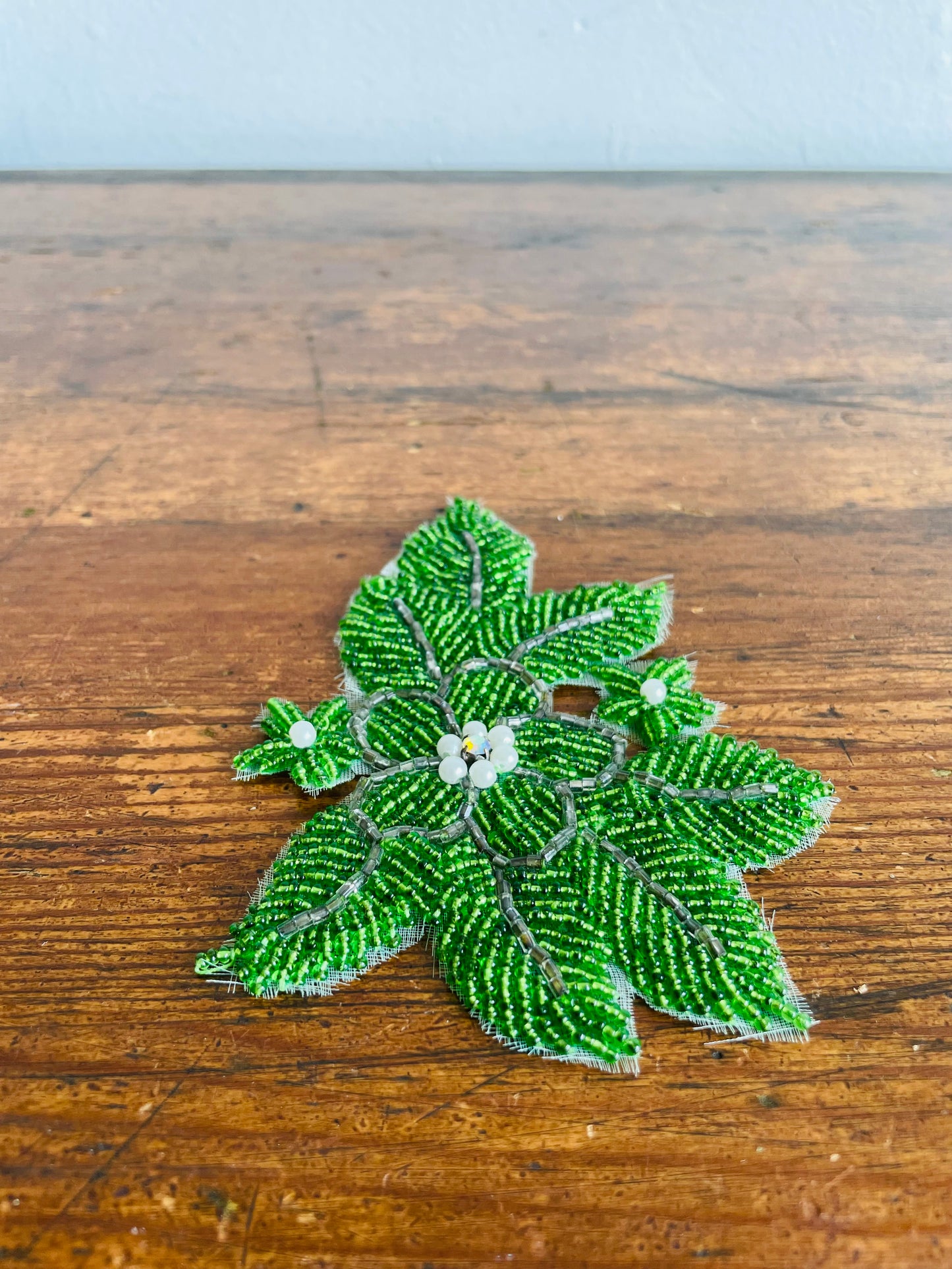 Handmade Green Flower Beaded Appliqué Patch