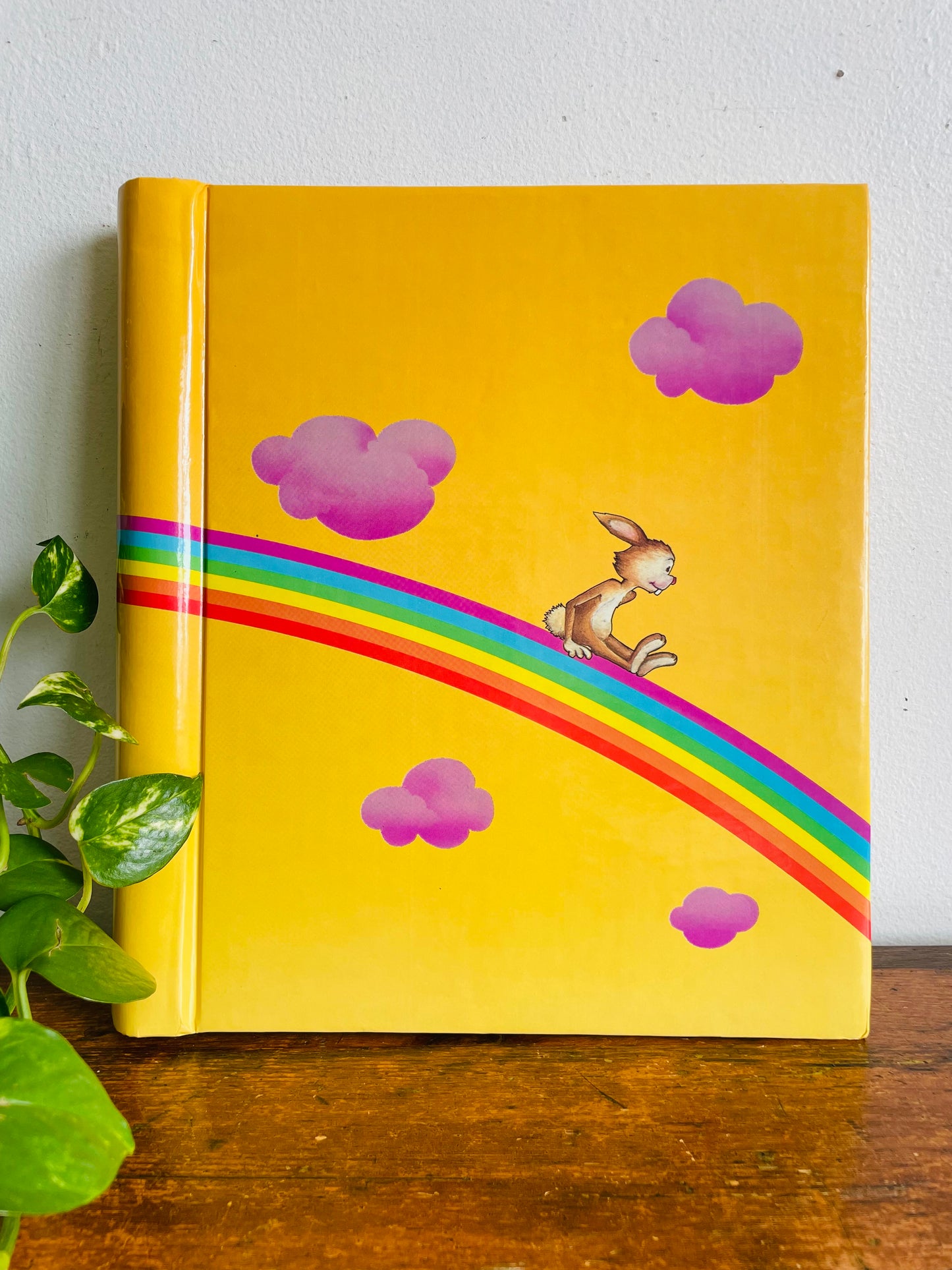 Vintage 1988 Bright Yellow 40 Page Photo Album or Scrapbook with Rabbit Sliding Down Rainbow - Made in Canada